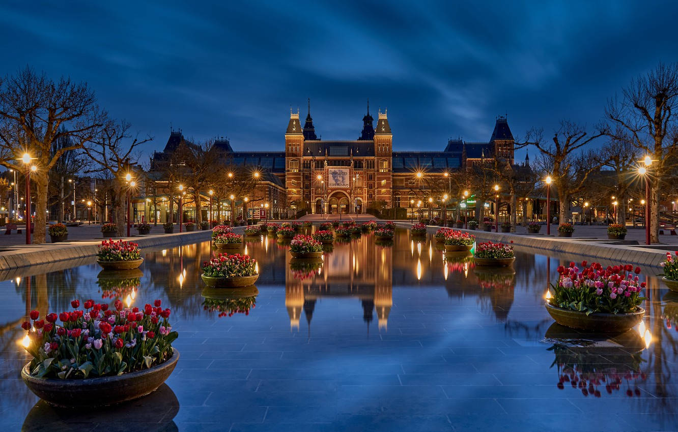 Rijksmuseum, night, reflection, HD Desktop Wallpaper