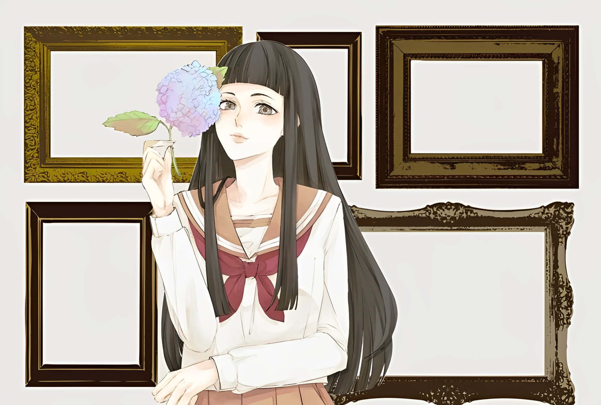 Rikako Oryo, sailor uniform, purple hydrangea, Full HD Desktop Wallpaper