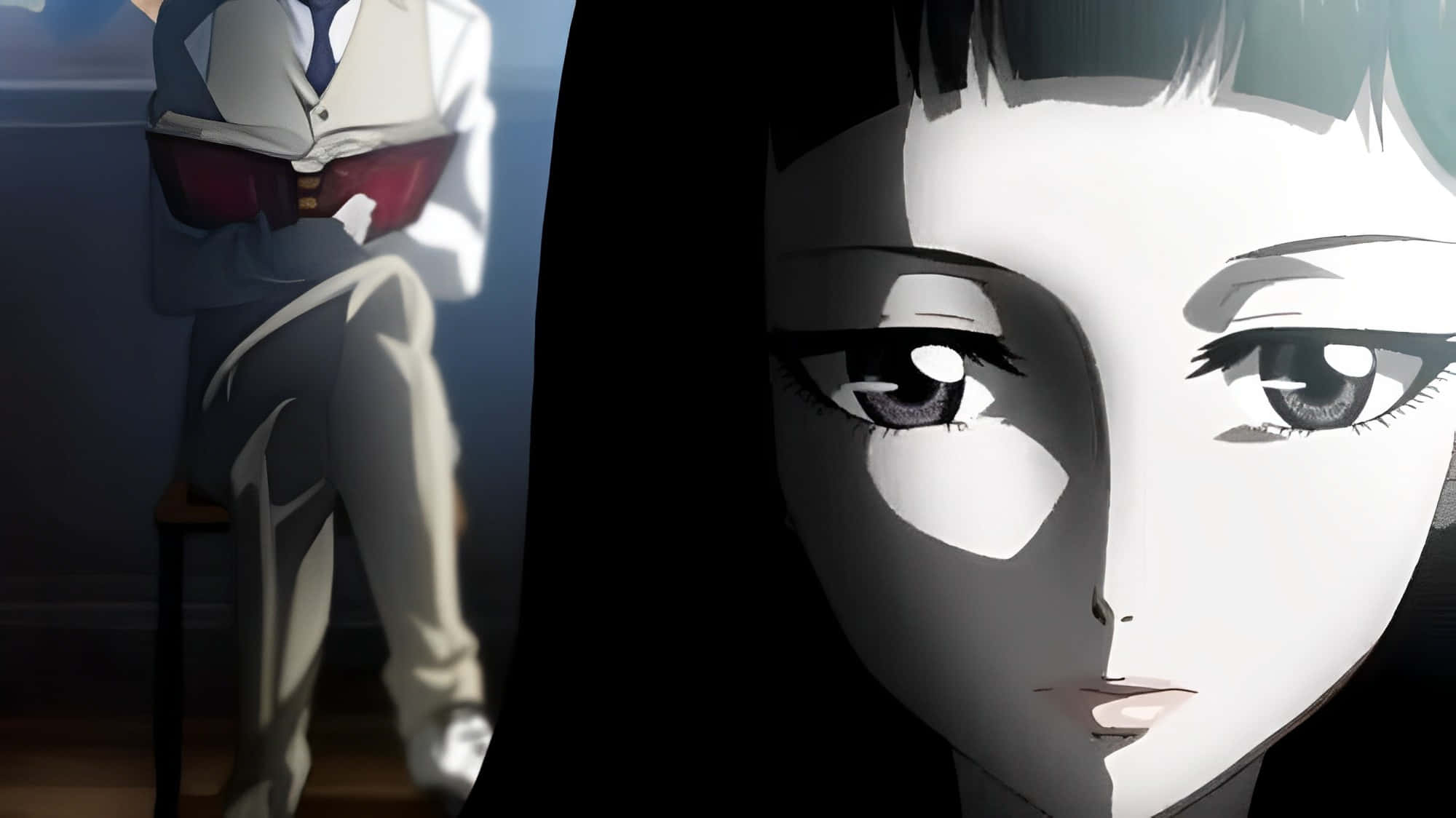 Rikako Oryo, anime split-screen, man in a suit, Full HD Desktop Wallpaper