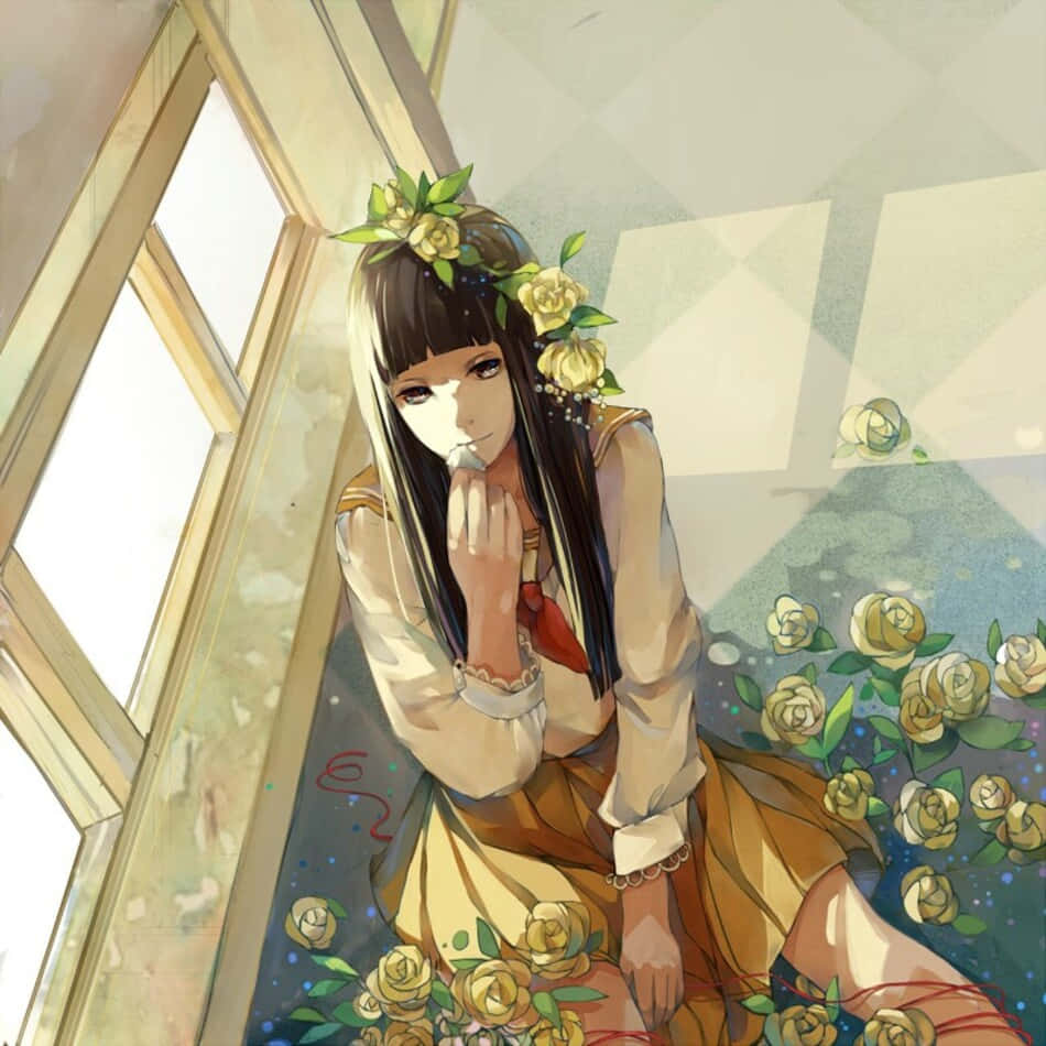 Rikako Oryo, yellow rose crown, sunlit window, SD Desktop Wallpaper