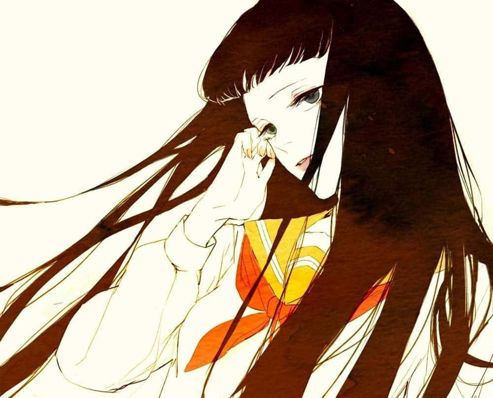 Rikako Oryo, long dark hair, yellow scarf, SD Desktop Wallpaper