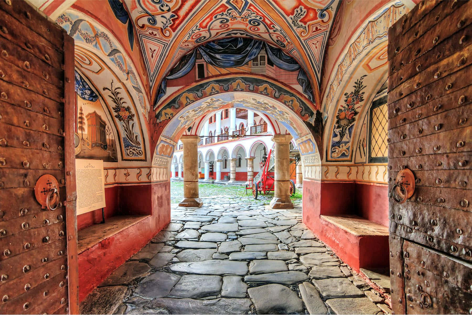Rila Monastery, stone archway, ornate painted ceilings, HD Desktop Wallpaper