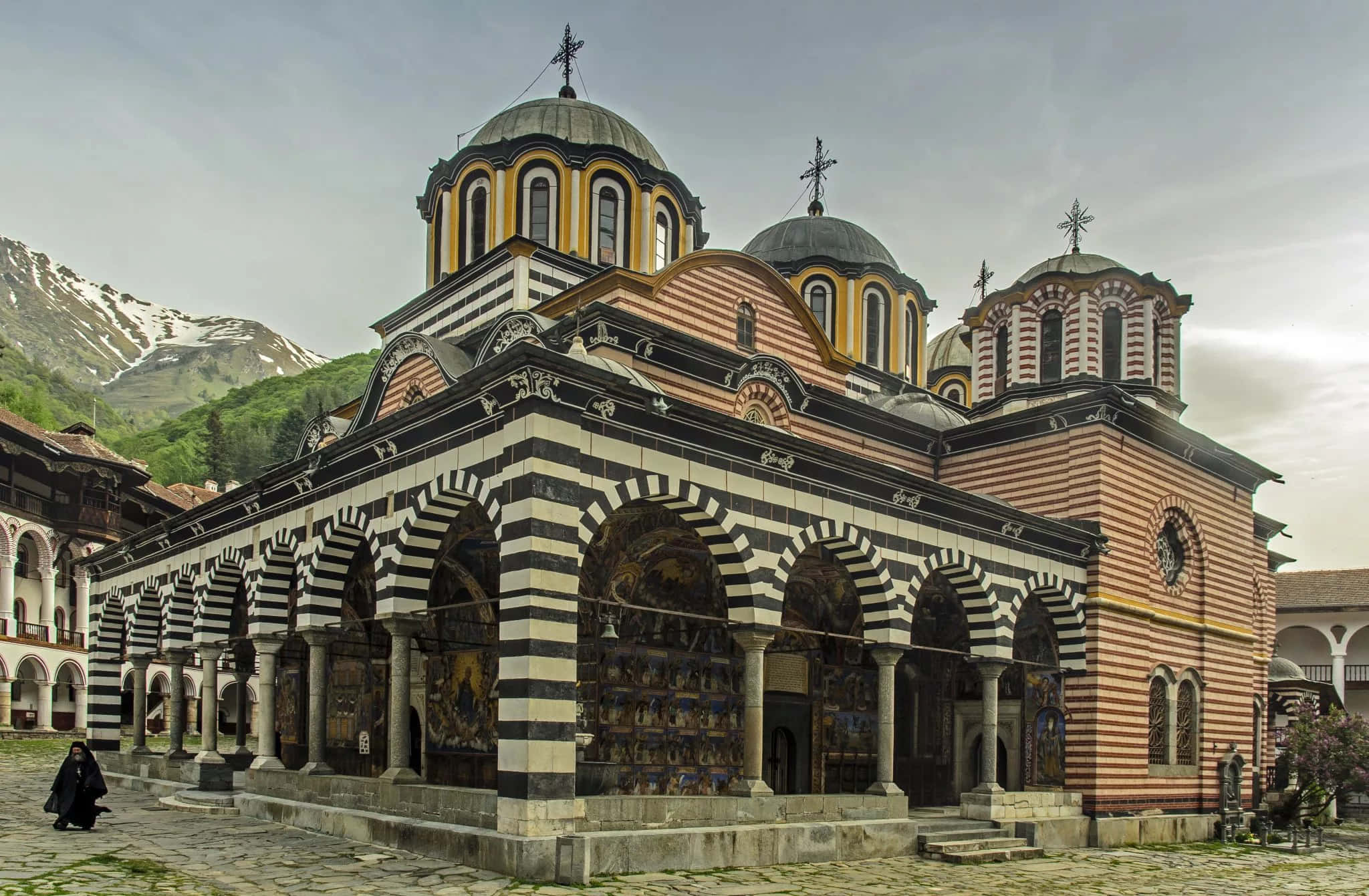 Rila Monastery, striped arches, domes, Full HD Desktop Wallpaper