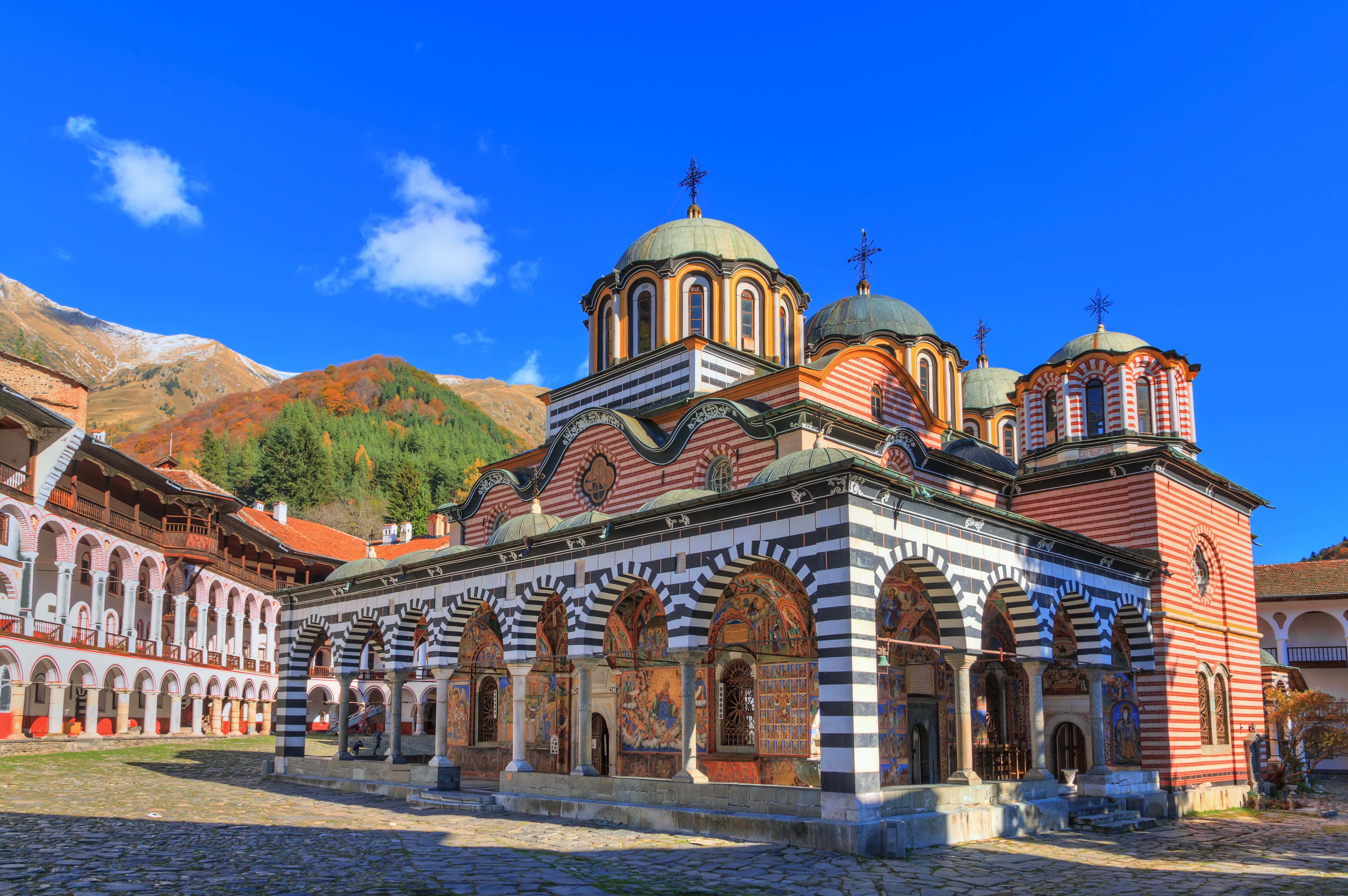 Rila Monastery, blue sky, autumn mountains, 4K Desktop Wallpaper