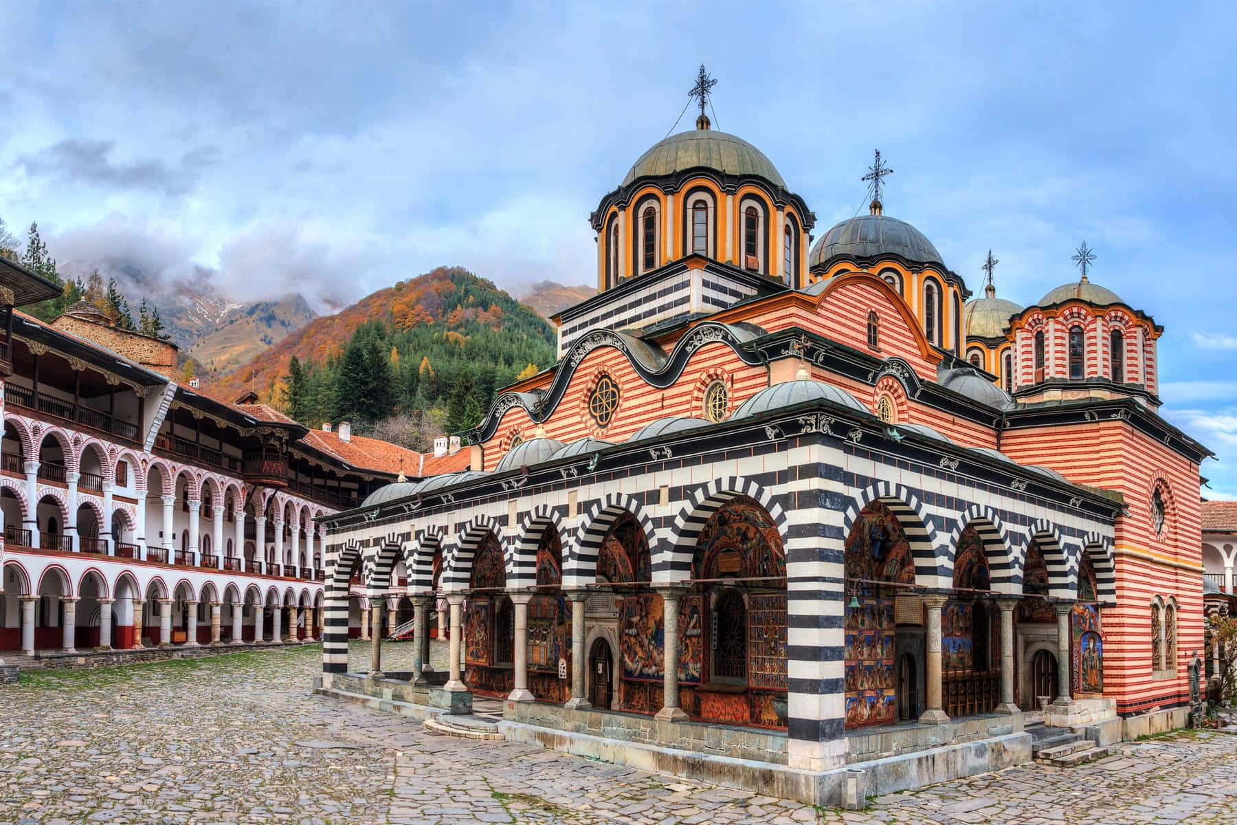 Rila Monastery, Byzantine-style, striped arches, HD Desktop Wallpaper