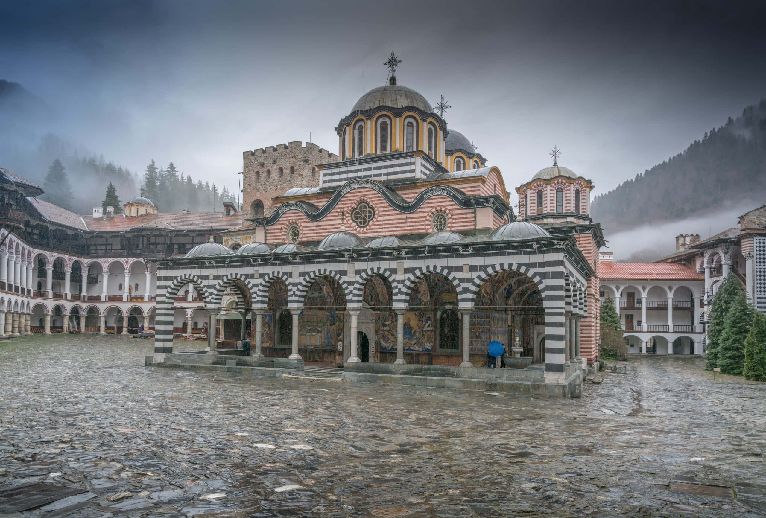 Rila Monastery, striped arches, domes, 2K Desktop Wallpaper