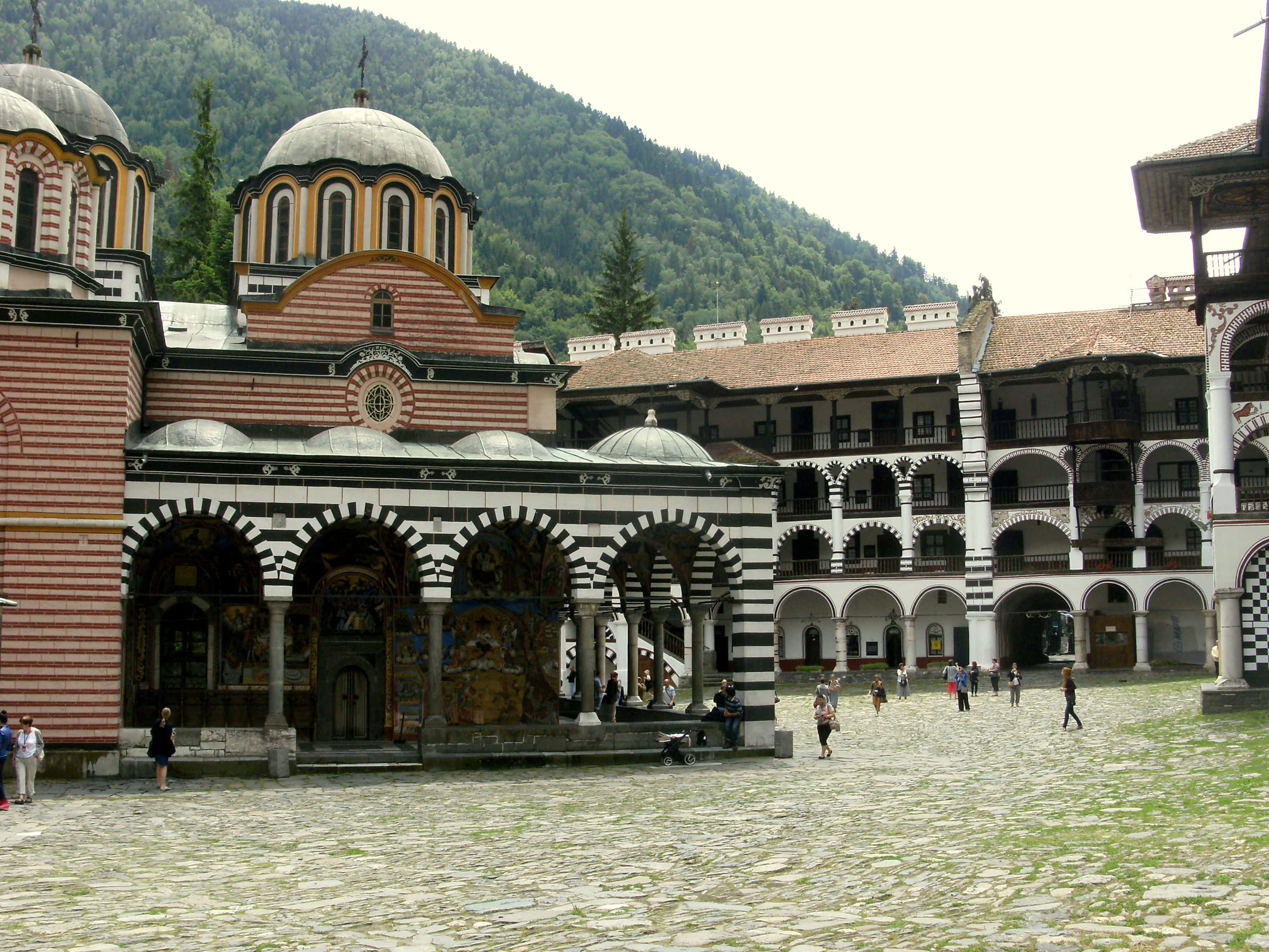 Rila Monastery, striped arches, domed churches, 2K Desktop Wallpaper