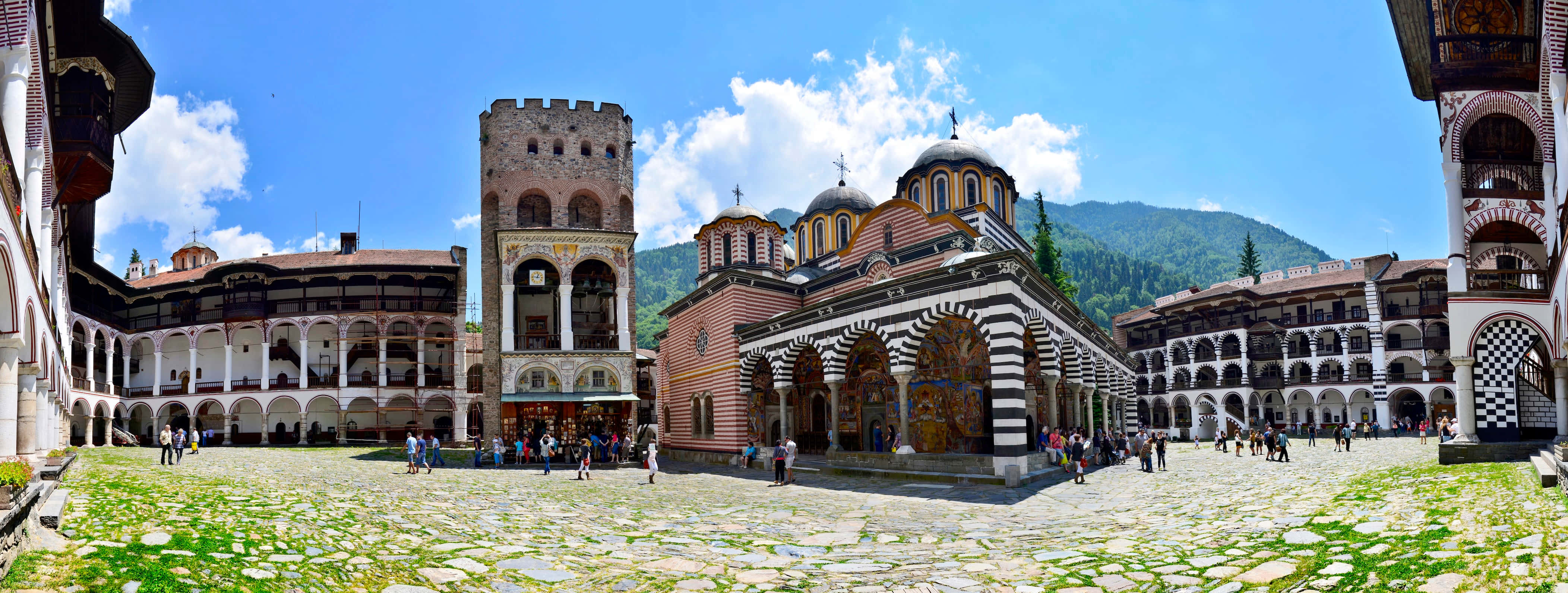 Rila Monastery, courtyard, stone buildings, 4K Desktop Wallpaper
