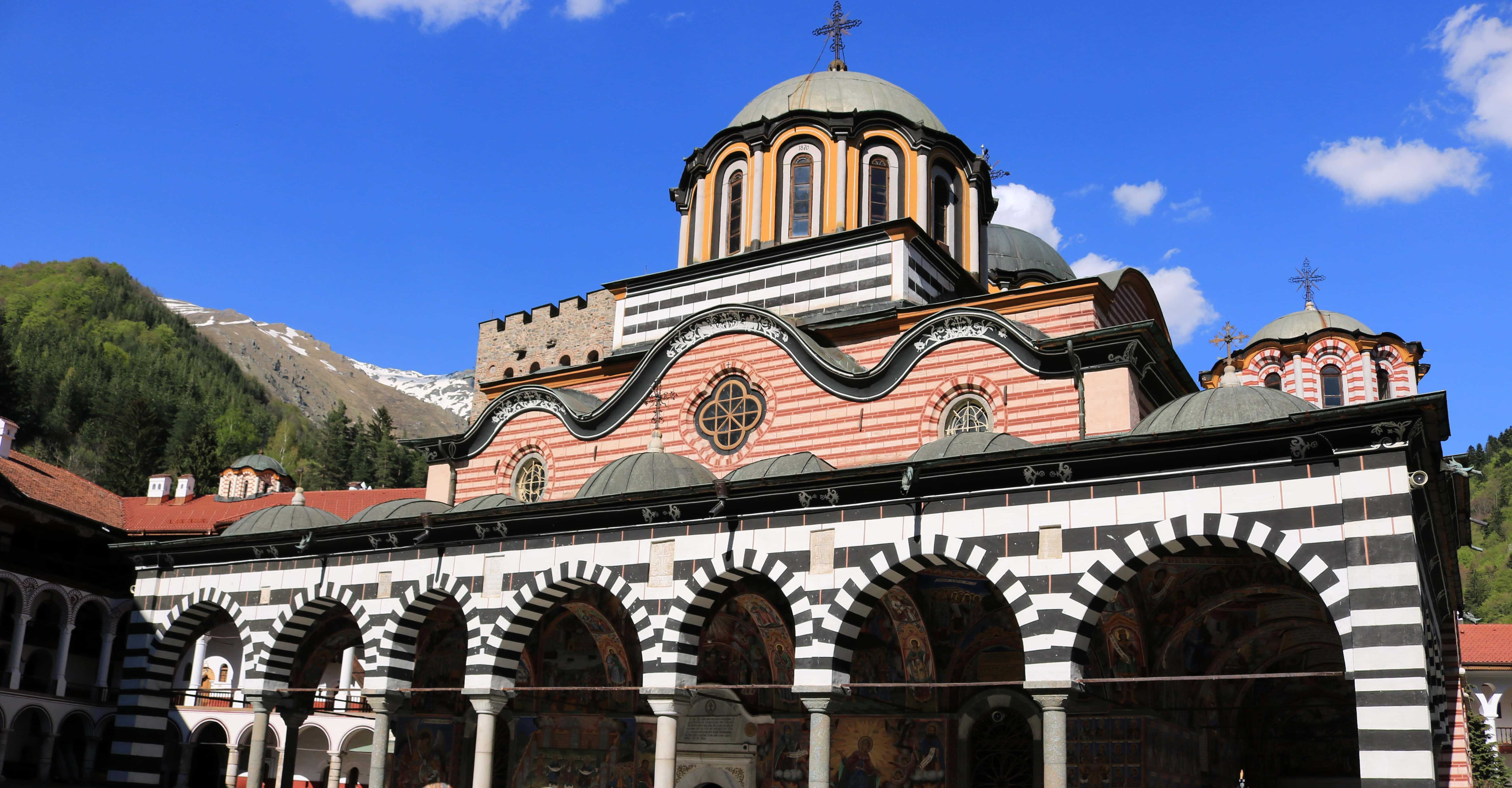 Rila Monastery, striped arches, domes, 5K Desktop Wallpaper