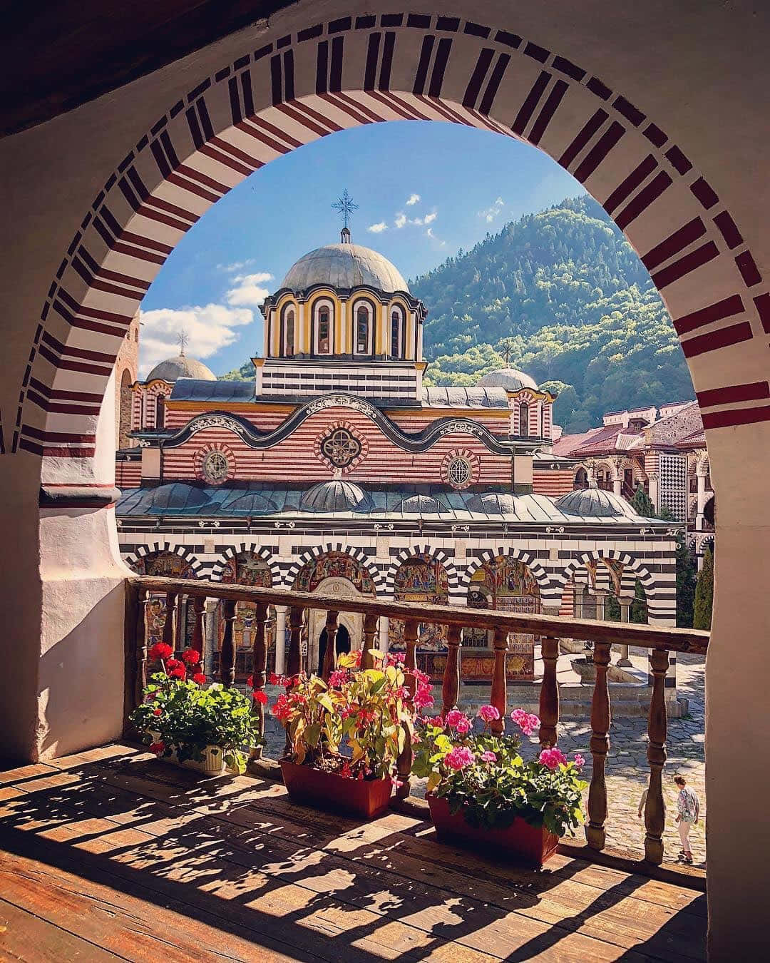 Rila Monastery, striped archway, potted flowers, HD Phone Wallpaper