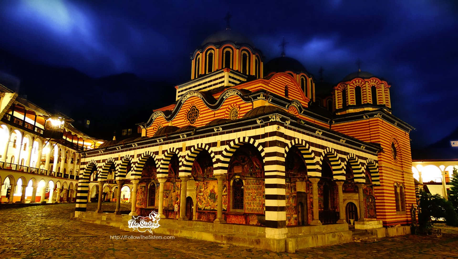 Rila Monastery, night, striped arches, Full HD Desktop Wallpaper