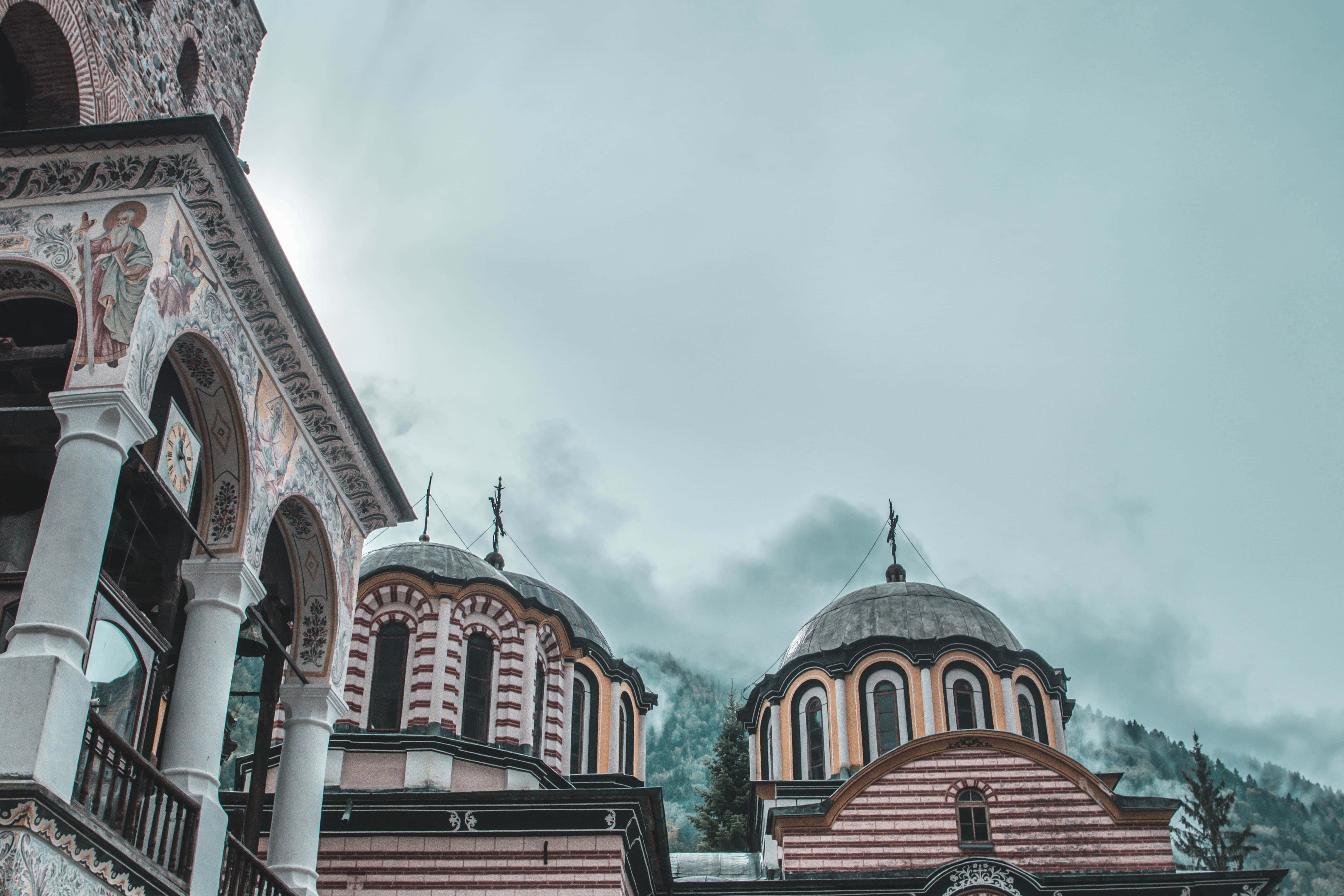 Rila Monastery, striped domes, ornate frescoes, 4K Desktop Wallpaper