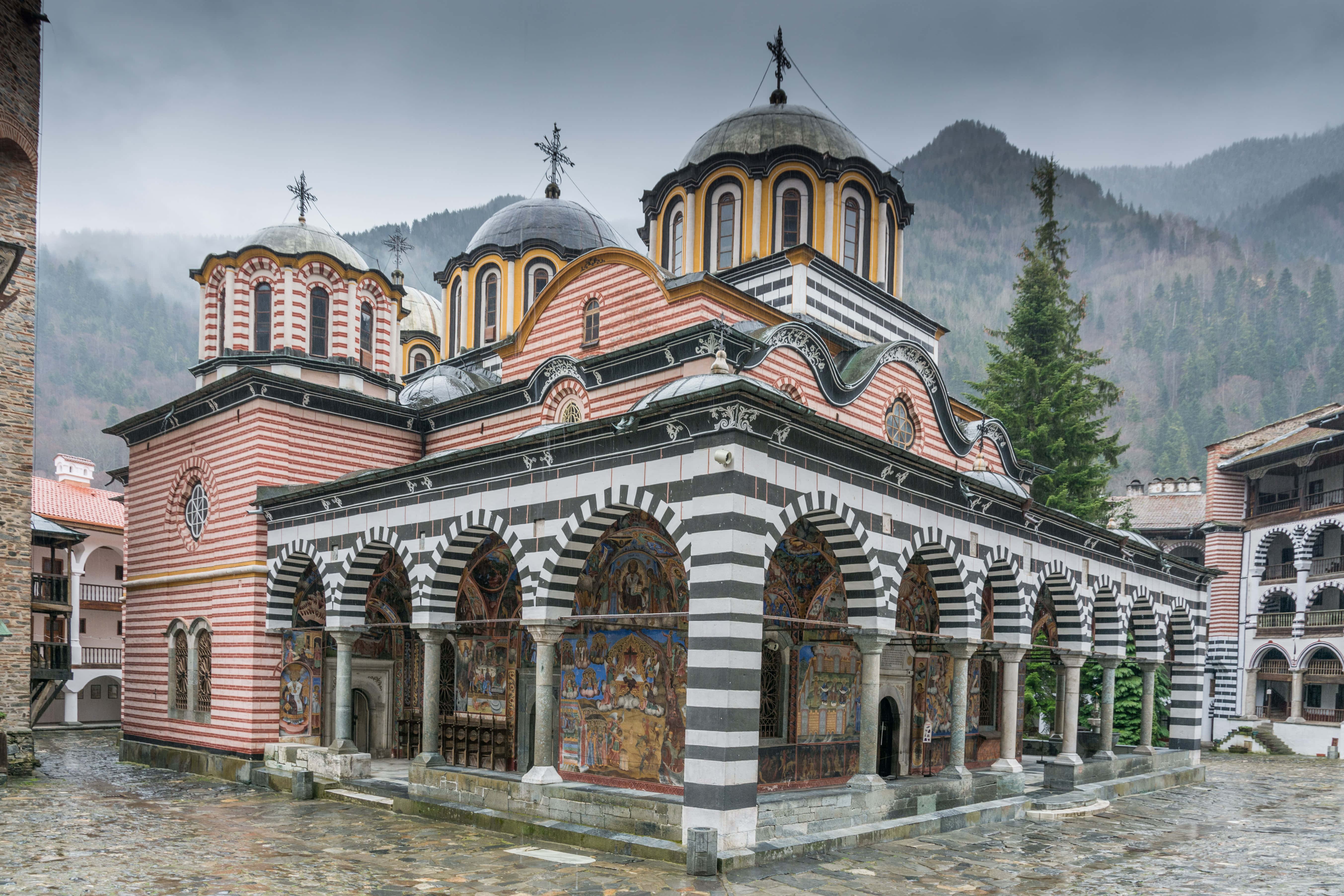 Rila Monastery, Byzantine-style church, striped arches, 5K Desktop Wallpaper