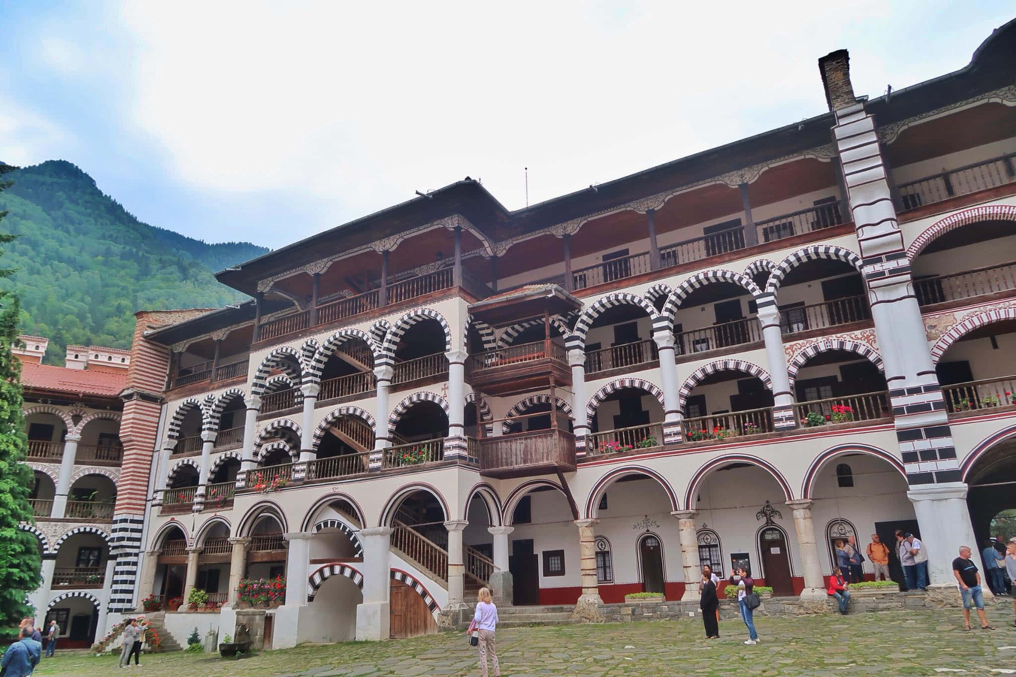 Rila Monastery, striped columns, arched balconies, Full HD Desktop Wallpaper