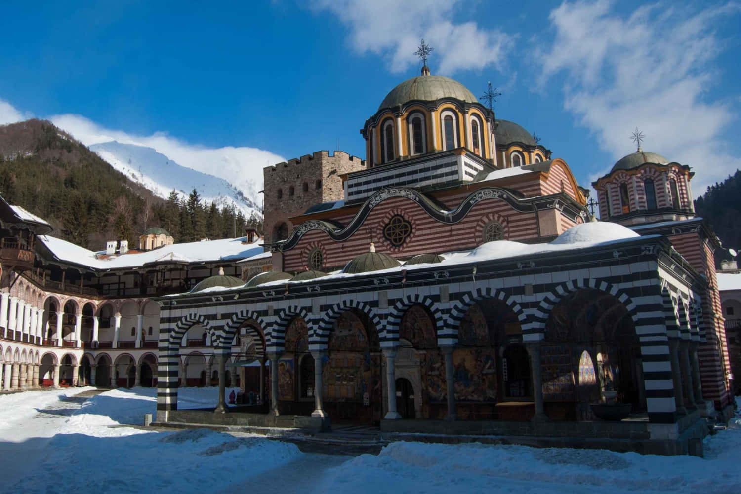 Rila Monastery, snow-covered, striped arches, HD Desktop Wallpaper