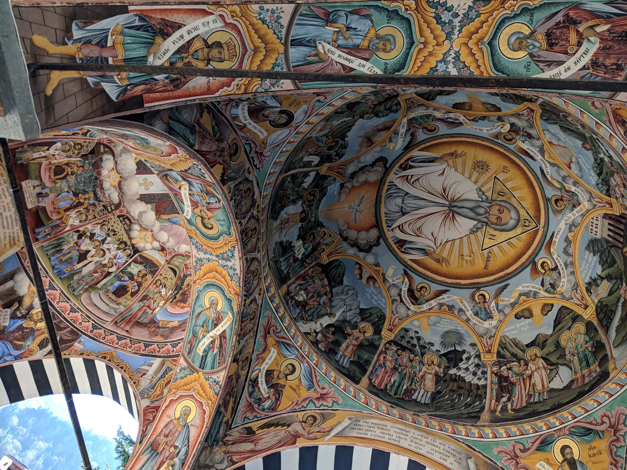 Rila Monastery, domed church ceiling, vibrant religious frescoes, Full HD Desktop Wallpaper