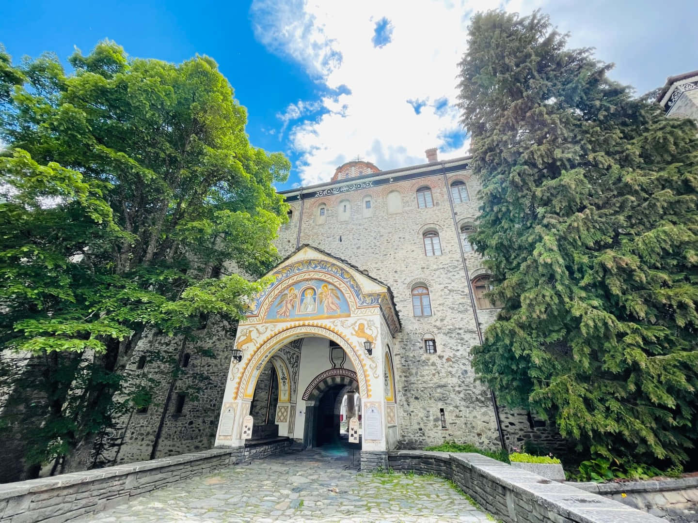 Rila Monastery, stone monastery entrance, colorful frescoes, HD Desktop Wallpaper