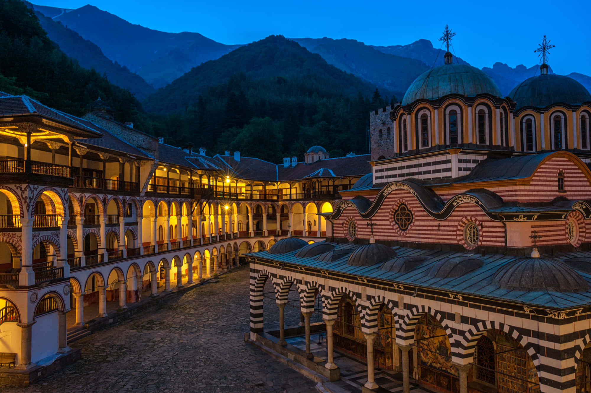 Rila Monastery, night, blue aesthetic, Full HD Desktop Wallpaper