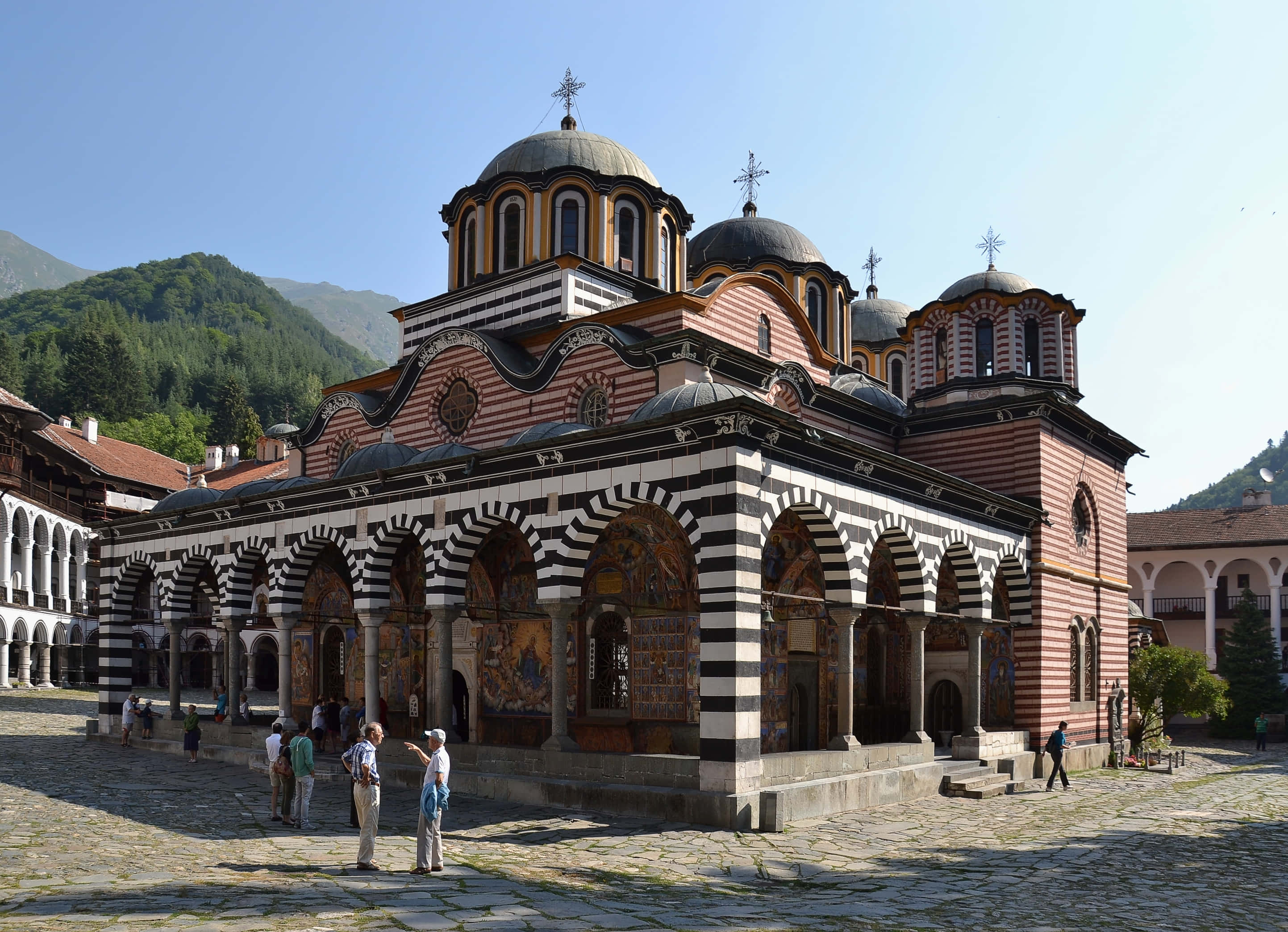 Rila Monastery, Byzantine-style church, striped arches, 2K Desktop Wallpaper