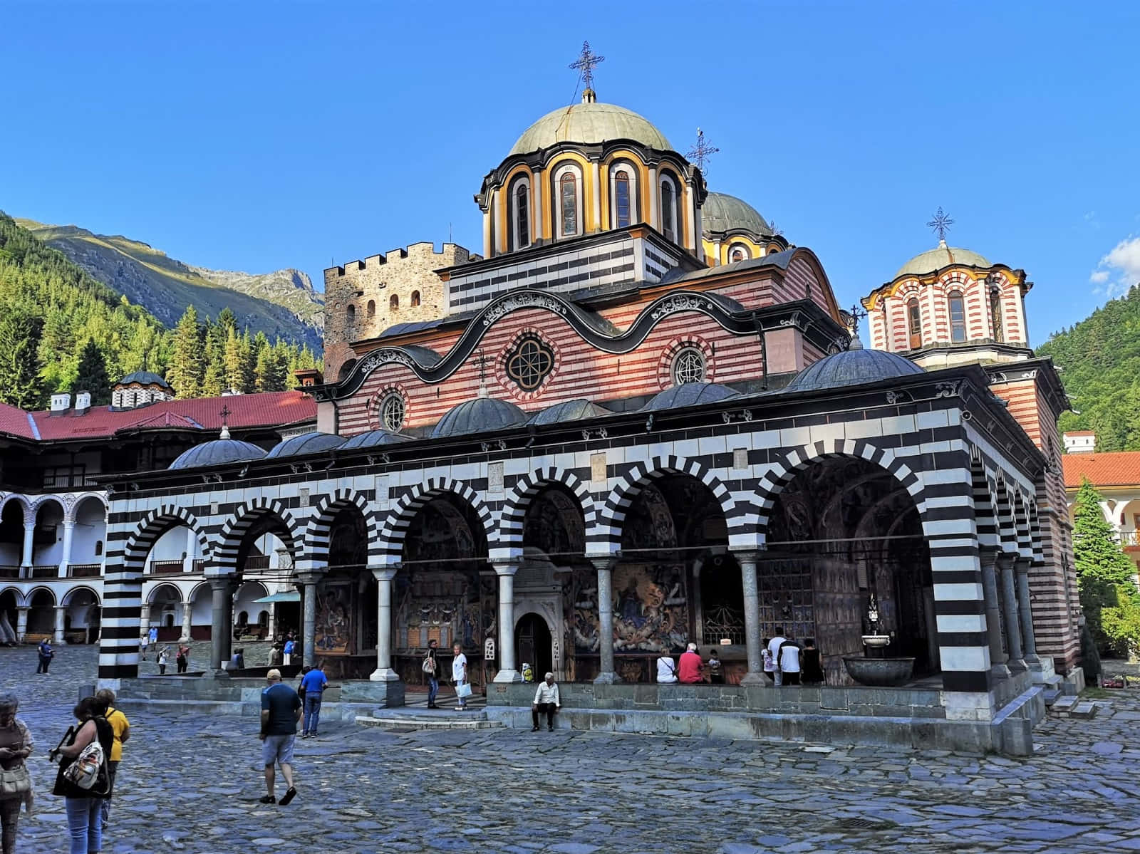 Rila Monastery, striped arches, domes, HD Desktop Wallpaper