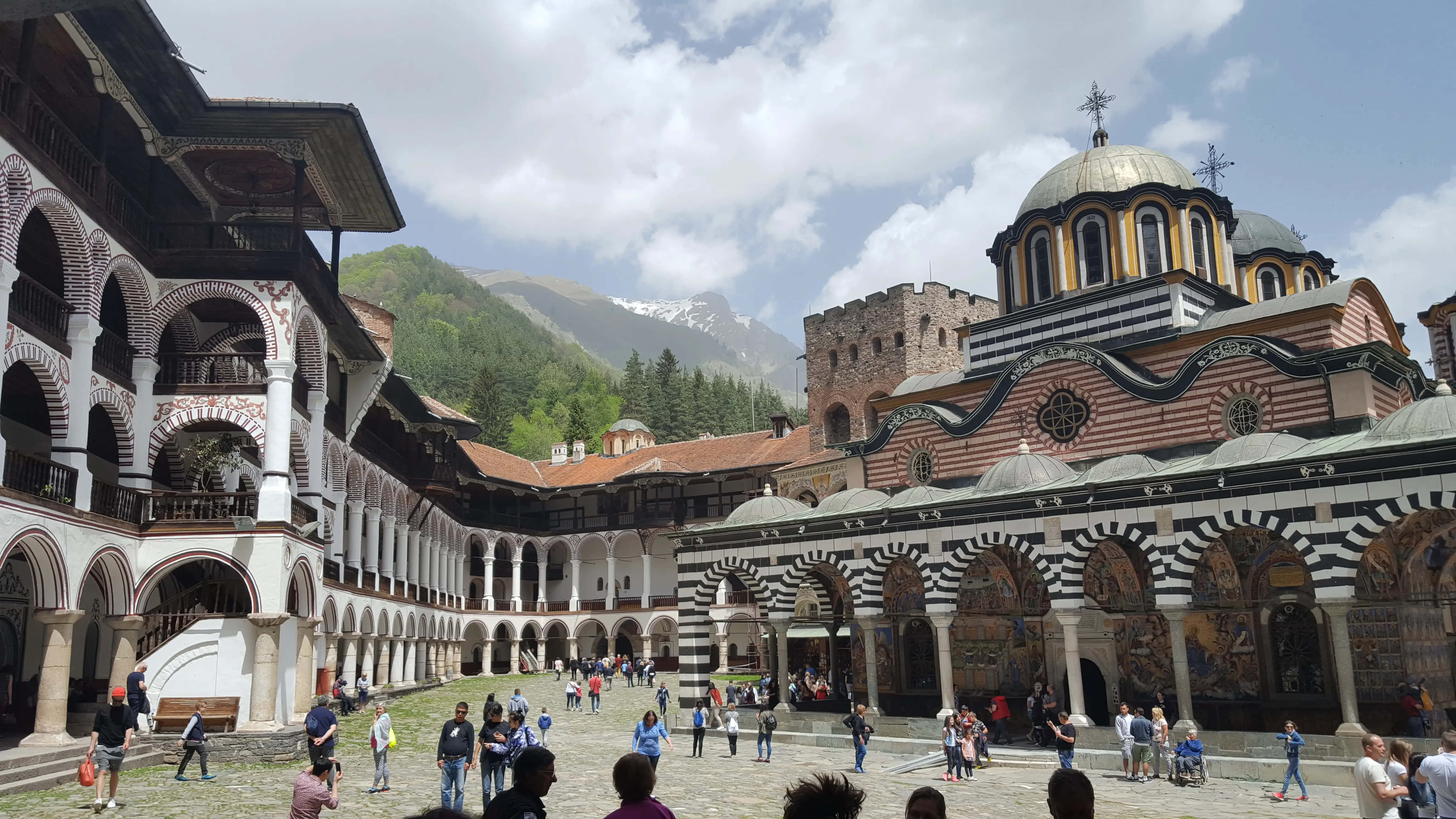 Rila Monastery, striped arches, domed church, 5K Desktop Wallpaper