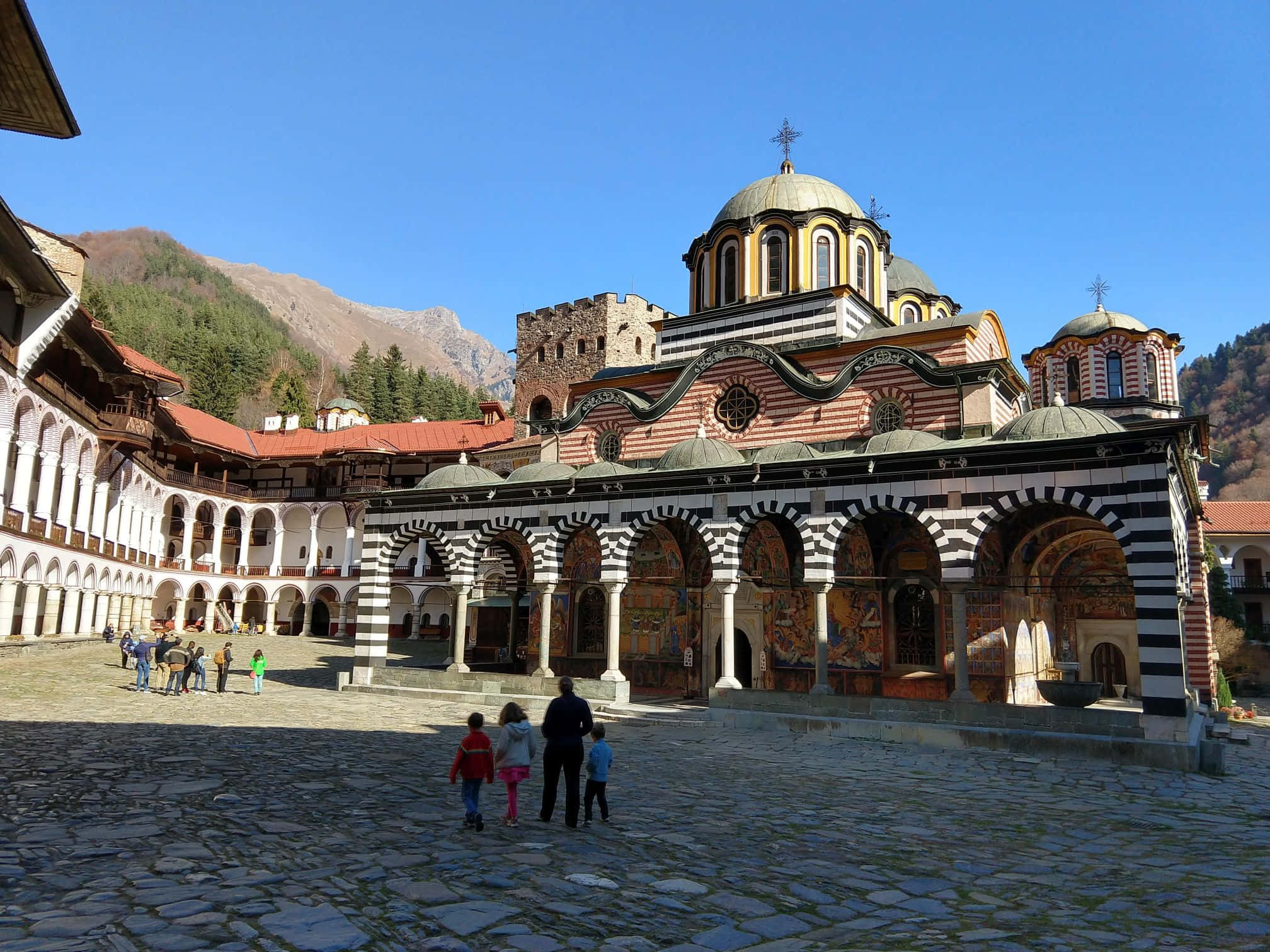Rila Monastery, striped arches, domes, Full HD Desktop Wallpaper