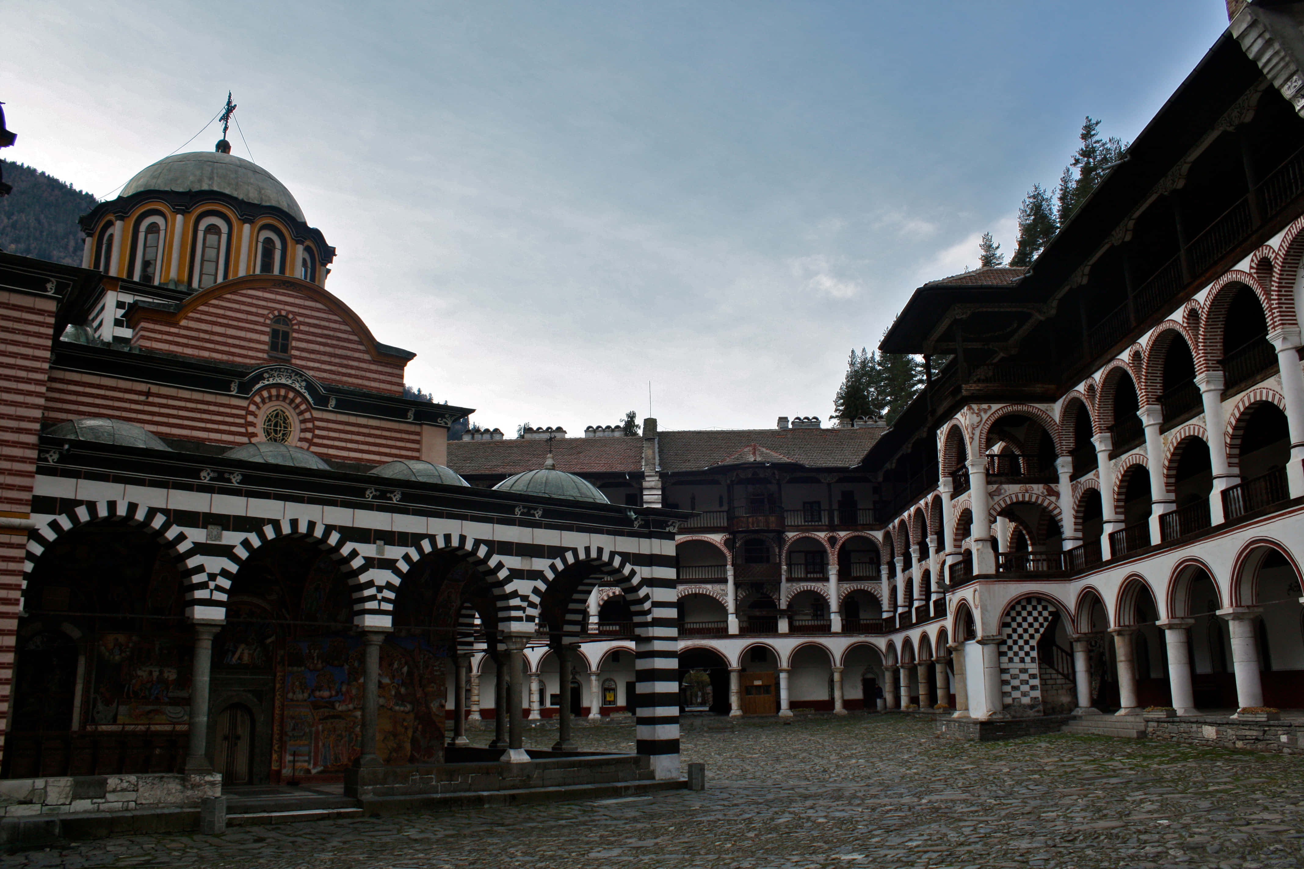 Rila Monastery, striped arches, domed church, 4K Desktop Wallpaper
