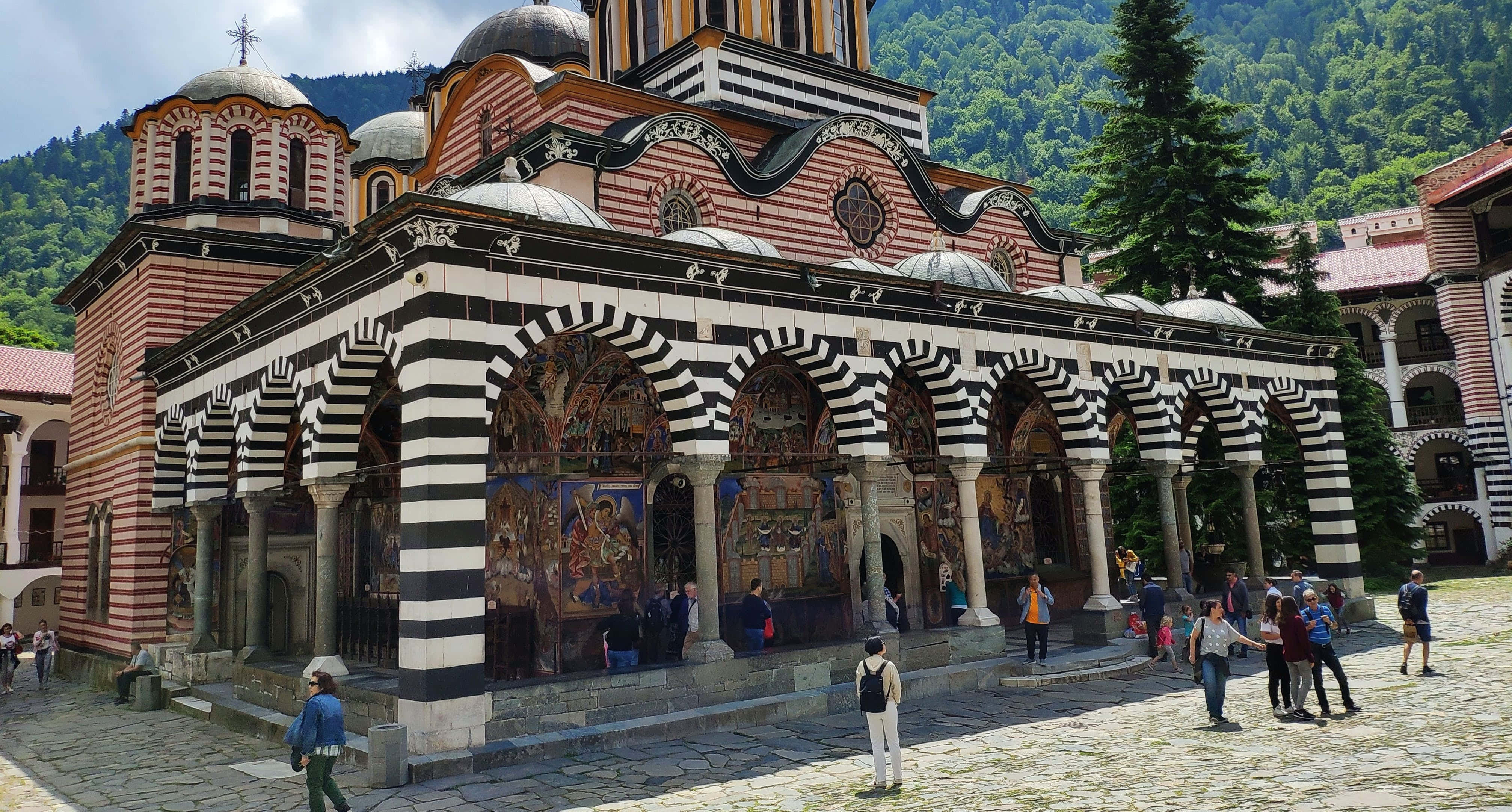 Rila Monastery, striped monastery, arched colonnades, 4K Desktop Wallpaper