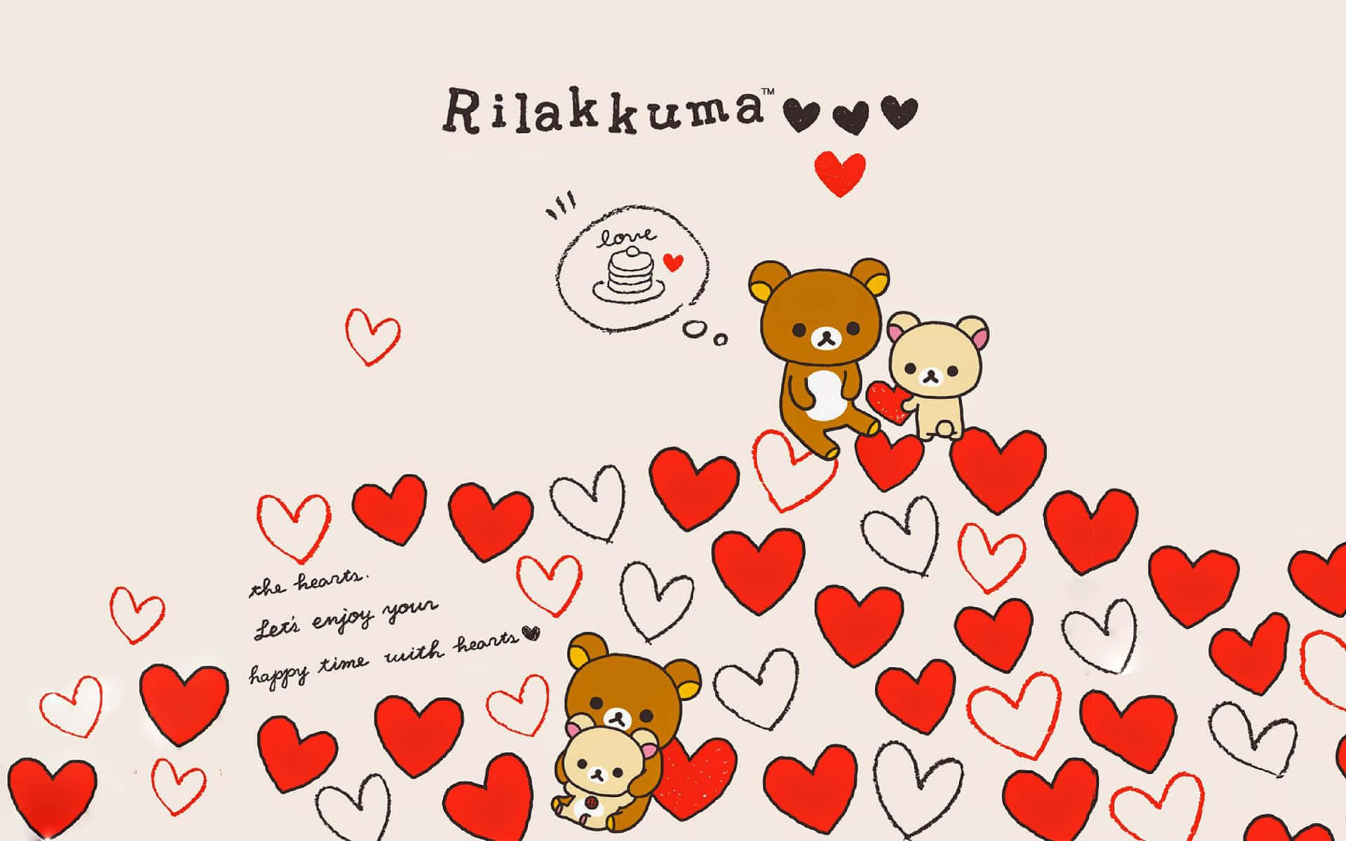 Rilakkuma, red and white hearts, thought bubble, Full HD Desktop Wallpaper