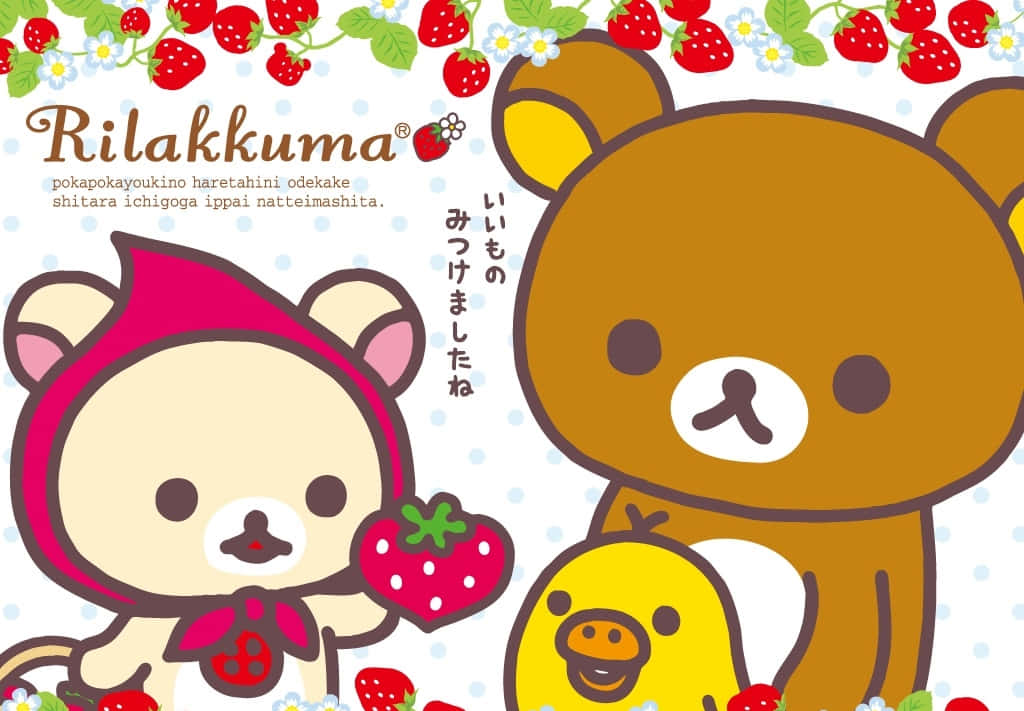 Rilakkuma, strawberries, cartoon illustration, SD Desktop Wallpaper