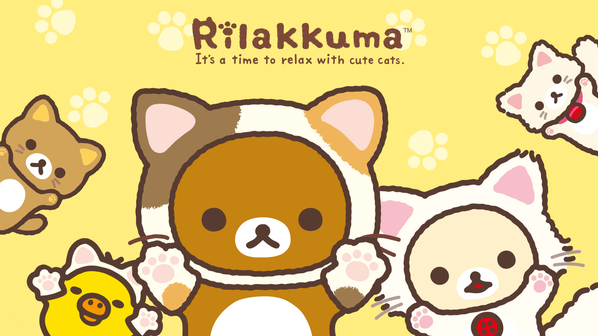 Rilakkuma, cat costumes, bright yellow background, Full HD Desktop Wallpaper