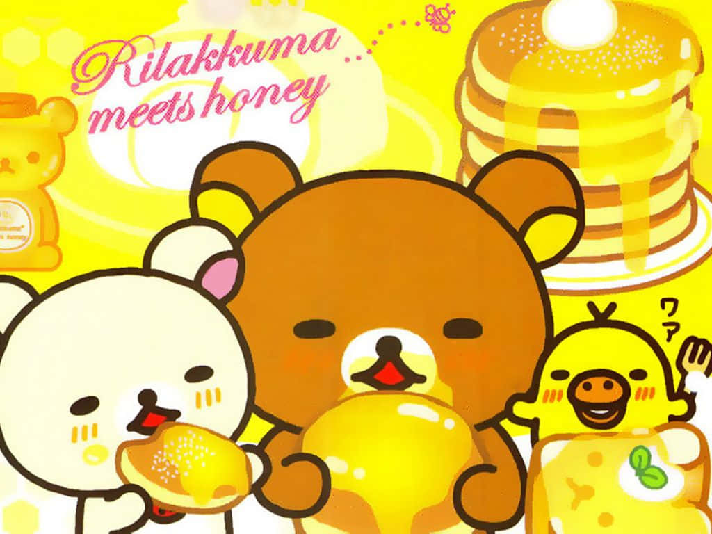 Rilakkuma, honey pancakes, bright yellow background, SD Desktop Wallpaper