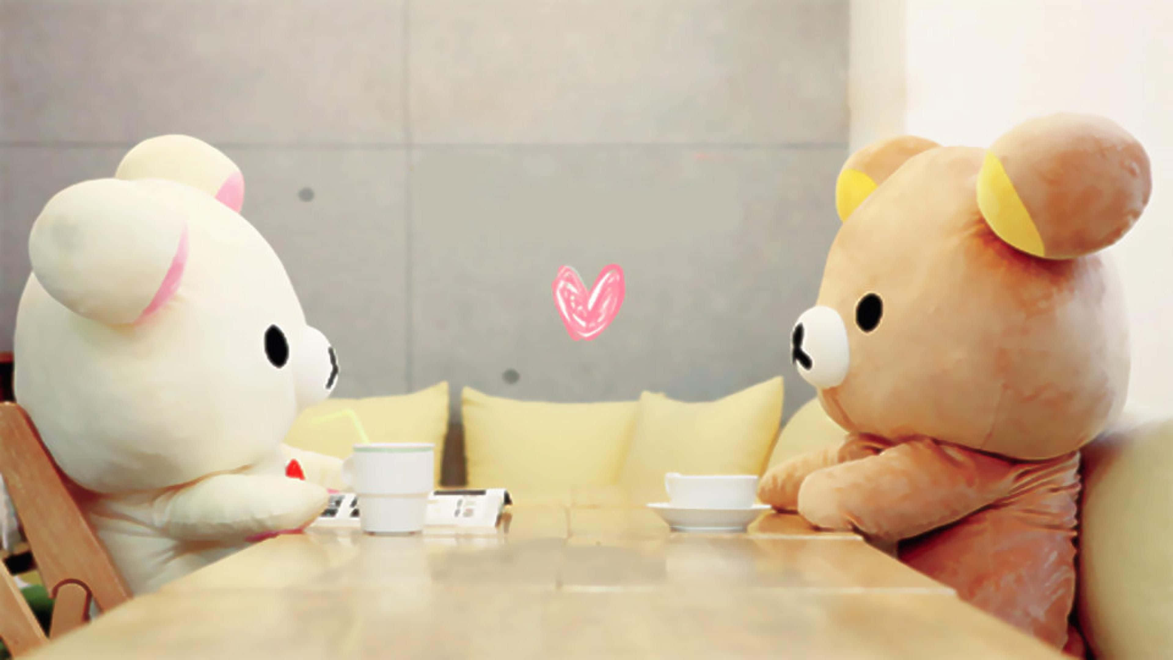 Rilakkuma, plush bears, wooden table, 4K Desktop Wallpaper