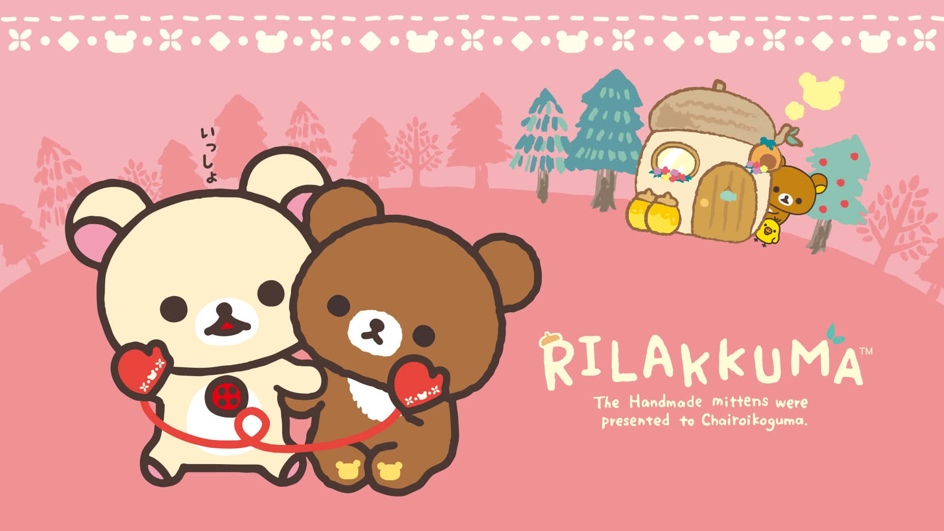 Rilakkuma, red heart mittens, pink forest, Full HD Desktop Wallpaper