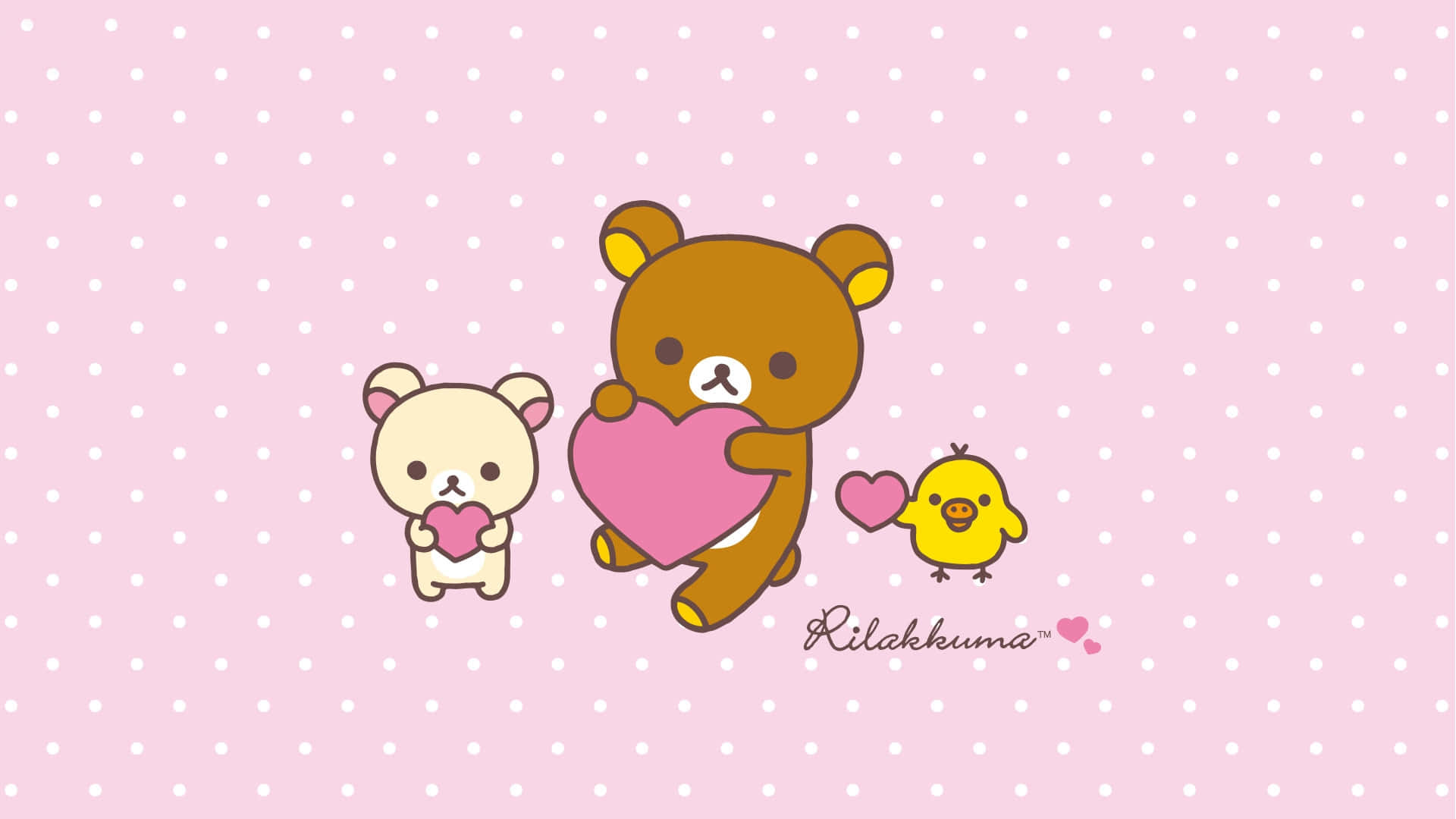 Rilakkuma, pink hearts, soft pink polka dot background, Full HD Desktop Wallpaper