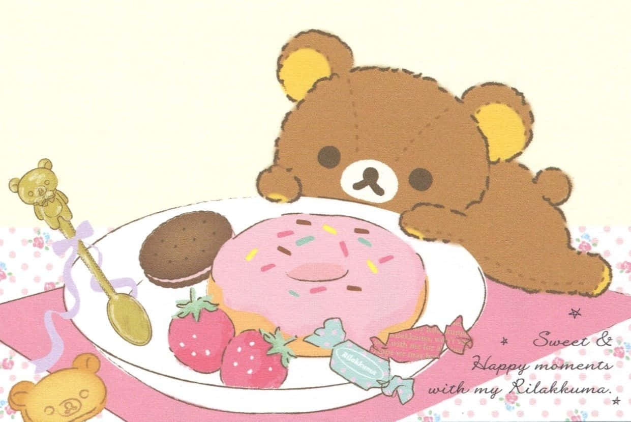 Rilakkuma, pink-frosted donut, strawberries, SD Desktop Wallpaper