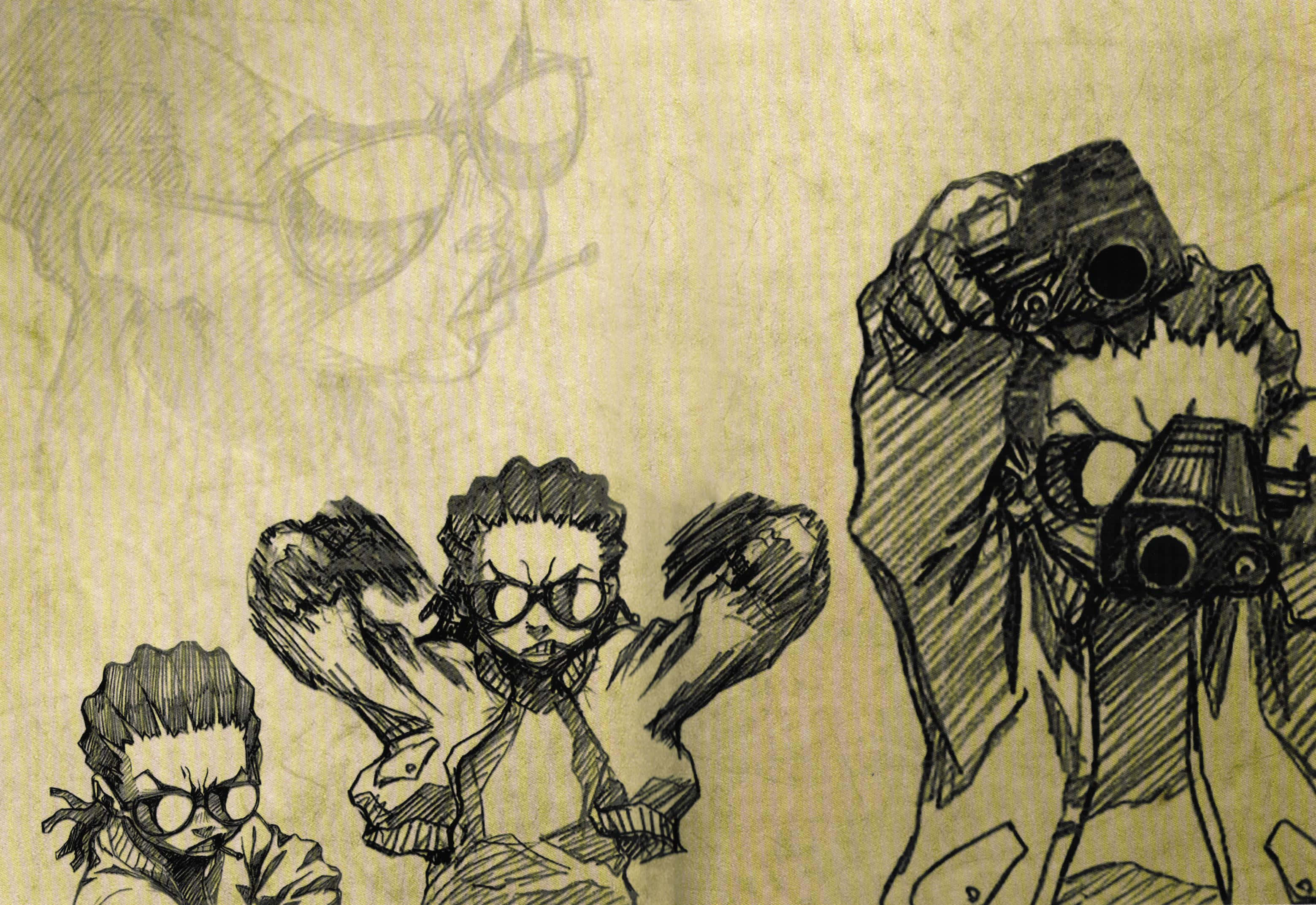 Riley Freeman, black ink, textured beige paper, 2K Desktop Wallpaper