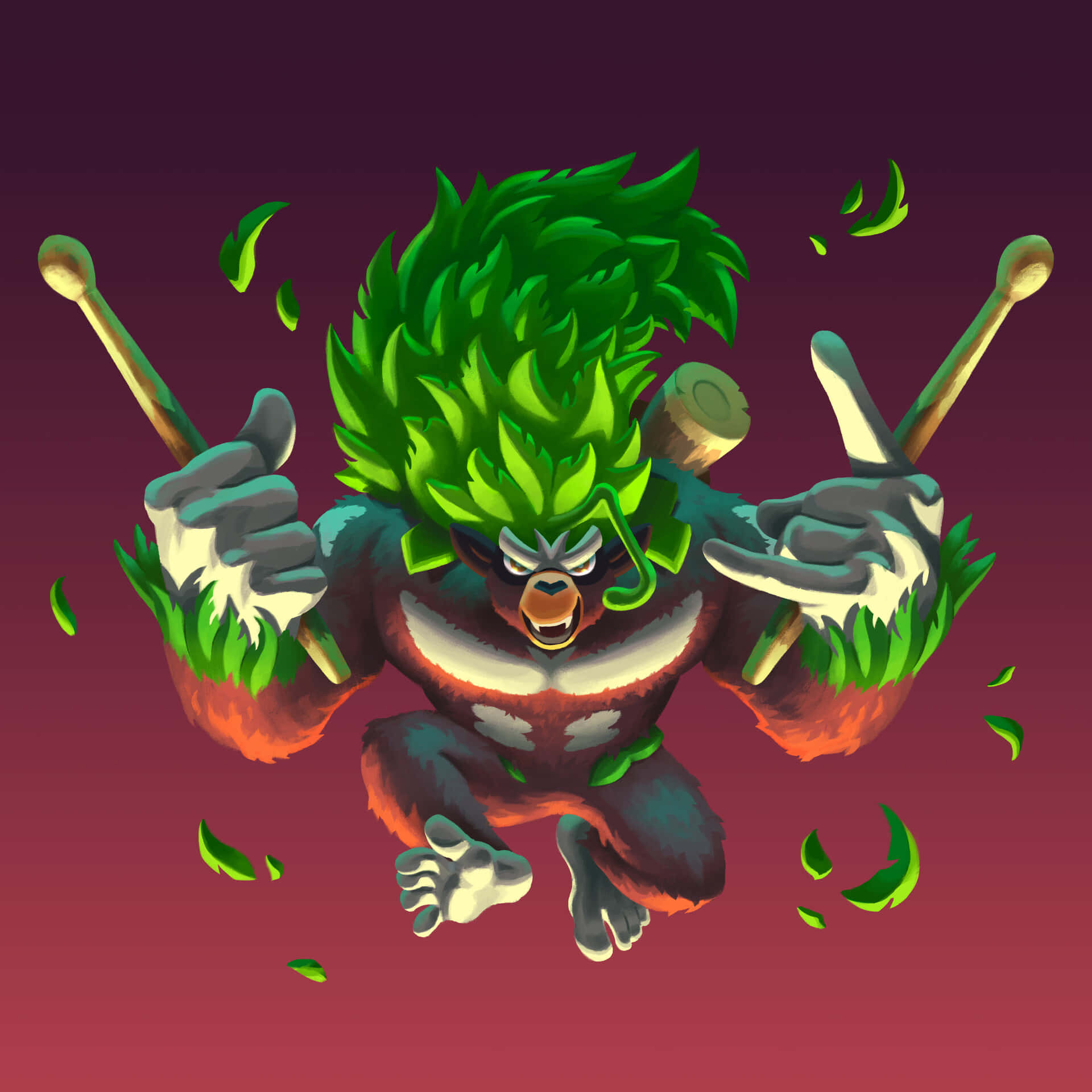 Rillaboom, green leafy hair, drumsticks, Full HD Desktop Wallpaper