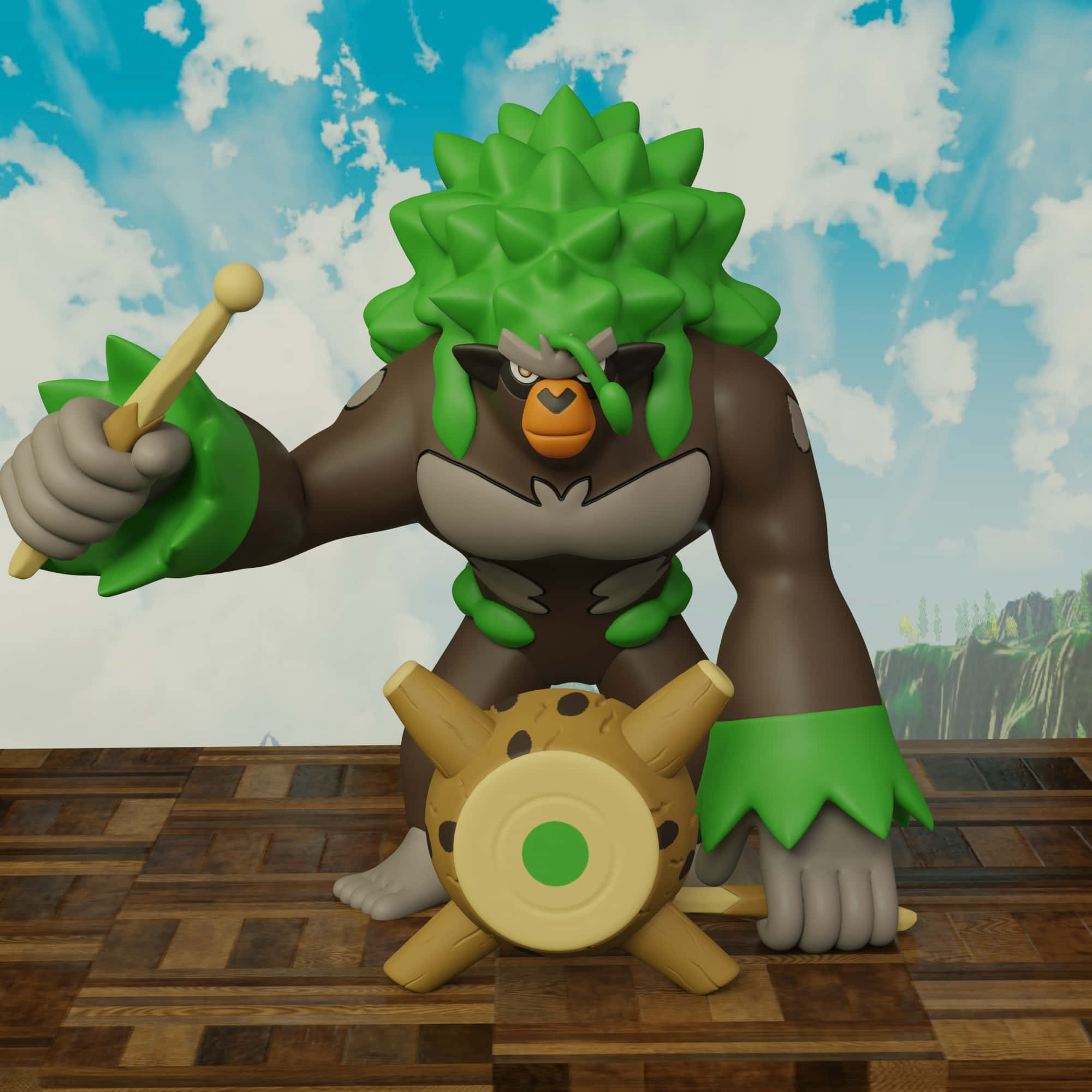 Rillaboom, green spiky hair, brown fur, Full HD Desktop Wallpaper
