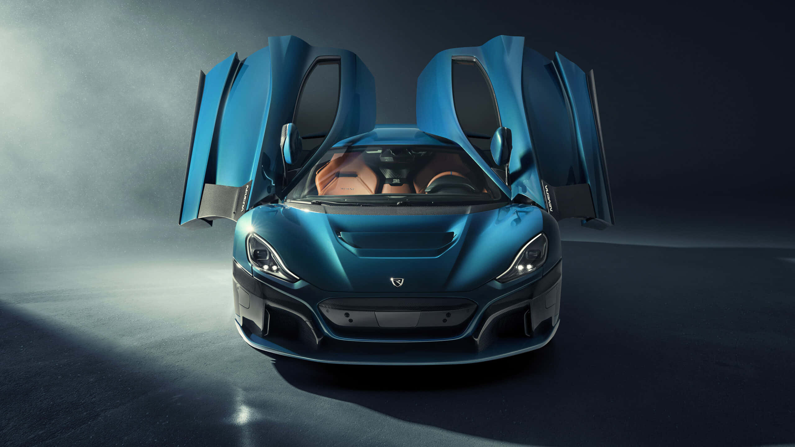 Rimac C_Two, gullwing doors, sleek blue sports car, 2K Desktop Wallpaper
