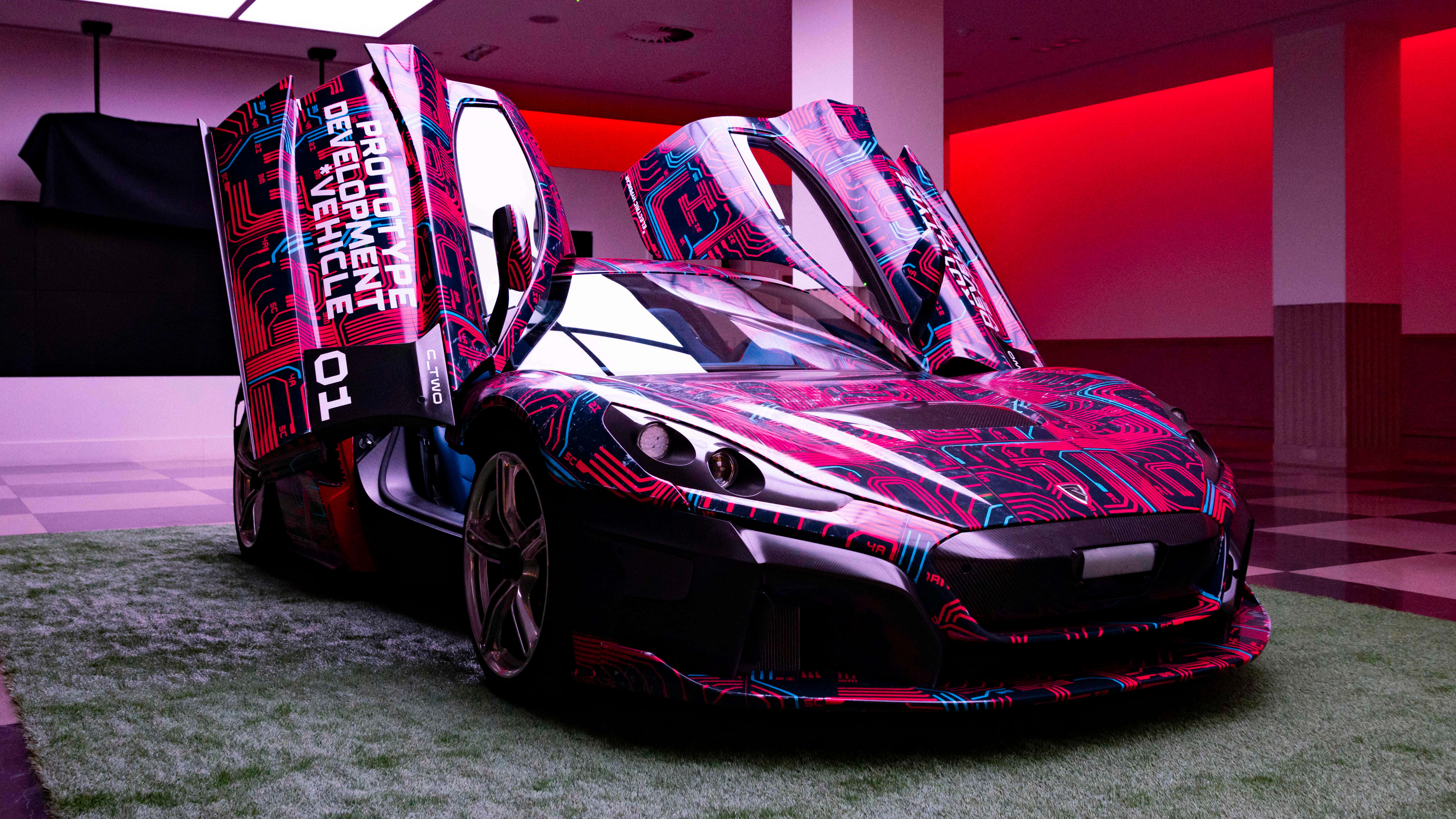 Rimac C Two, scissor doors, glowing pink and blue circuit patterns, 5K Desktop Wallpaper