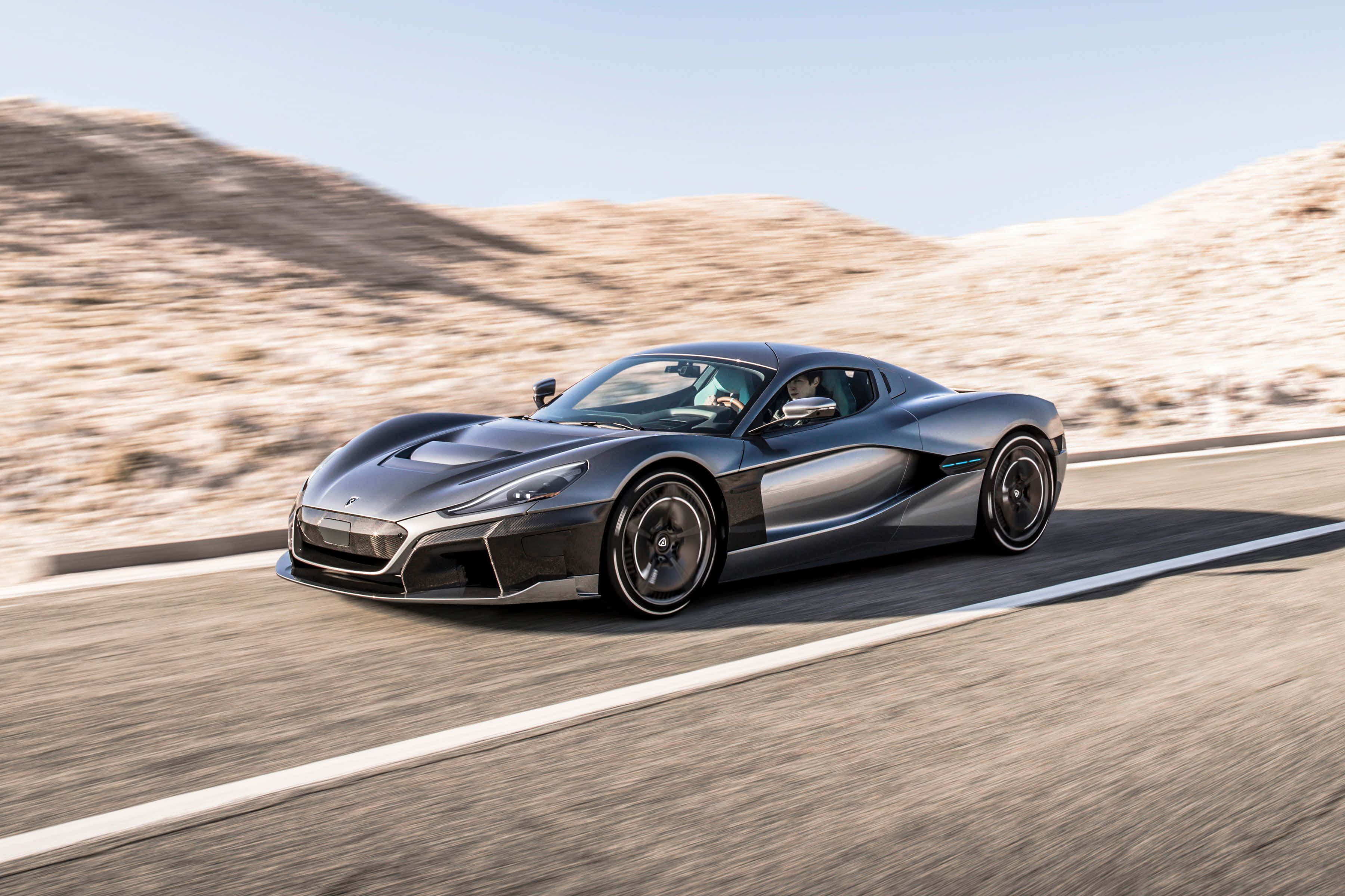 Rimac C Two, matte black, desert road, 2K Desktop Wallpaper
