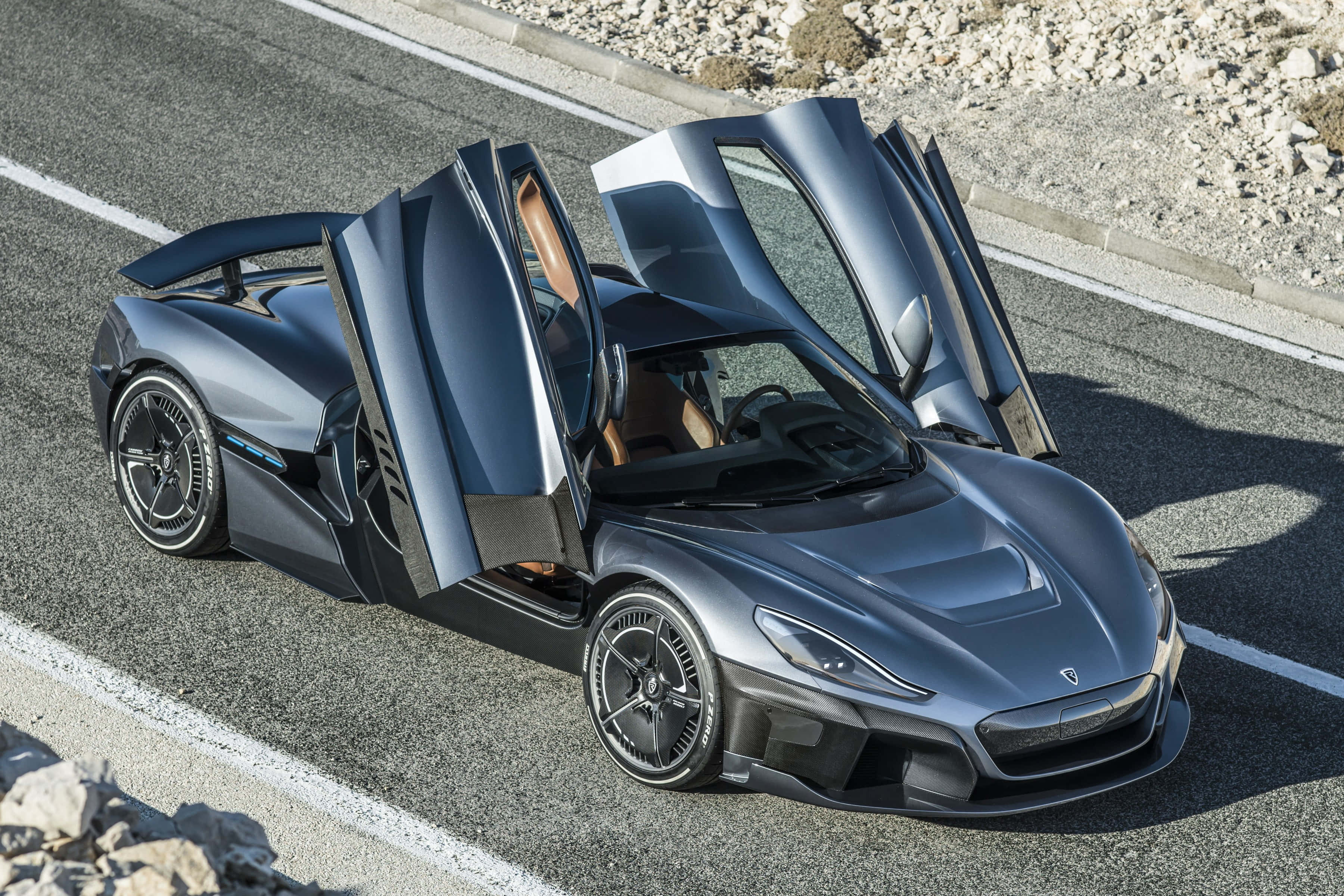 Rimac C Two, silver, gullwing doors, 2K Desktop Wallpaper
