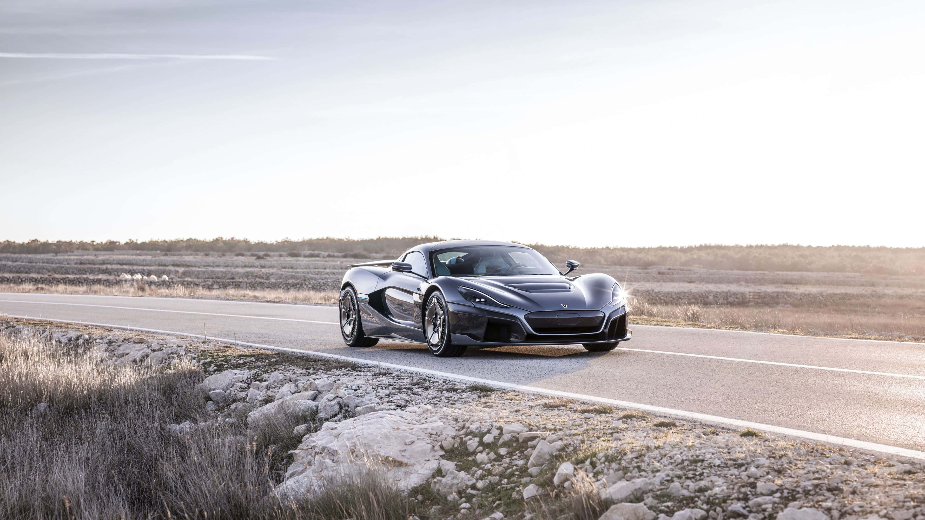 Rimac C Two, dark gray, country road, 4K Desktop Wallpaper