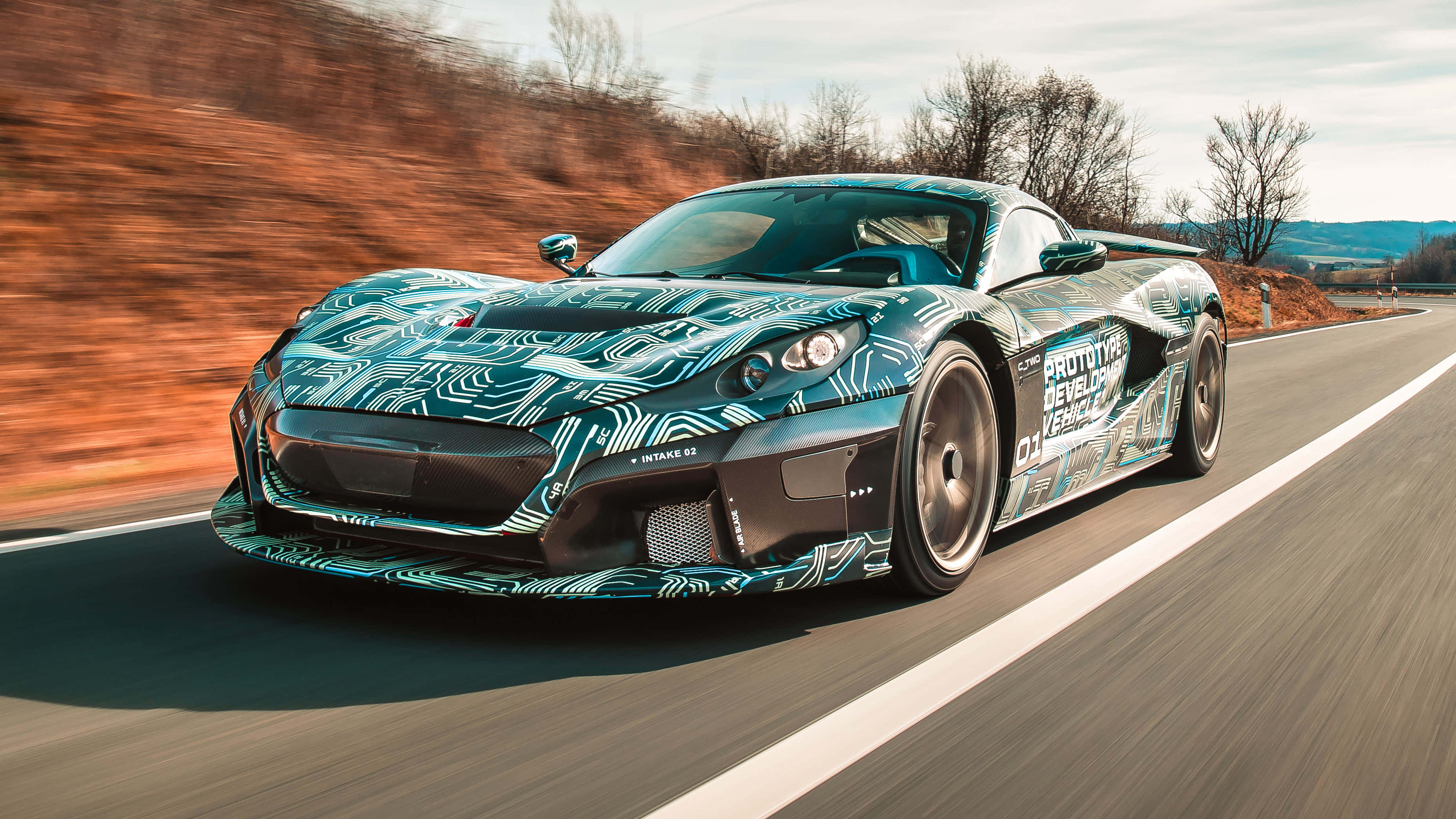 Rimac C Two, prototype, teal and black, 2K Desktop Wallpaper