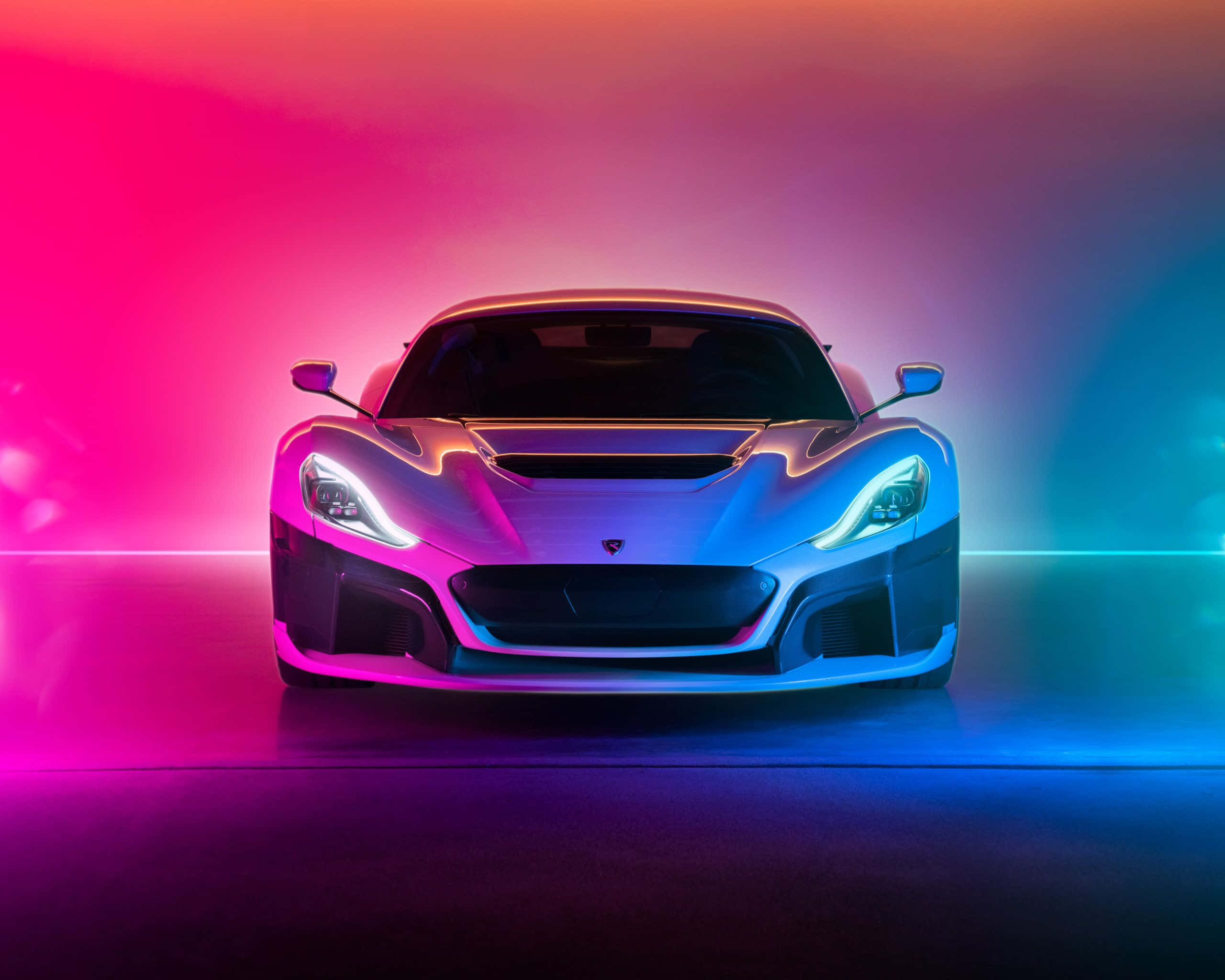 Rimac C Two, silver, pink neon lights, 2K Desktop Wallpaper