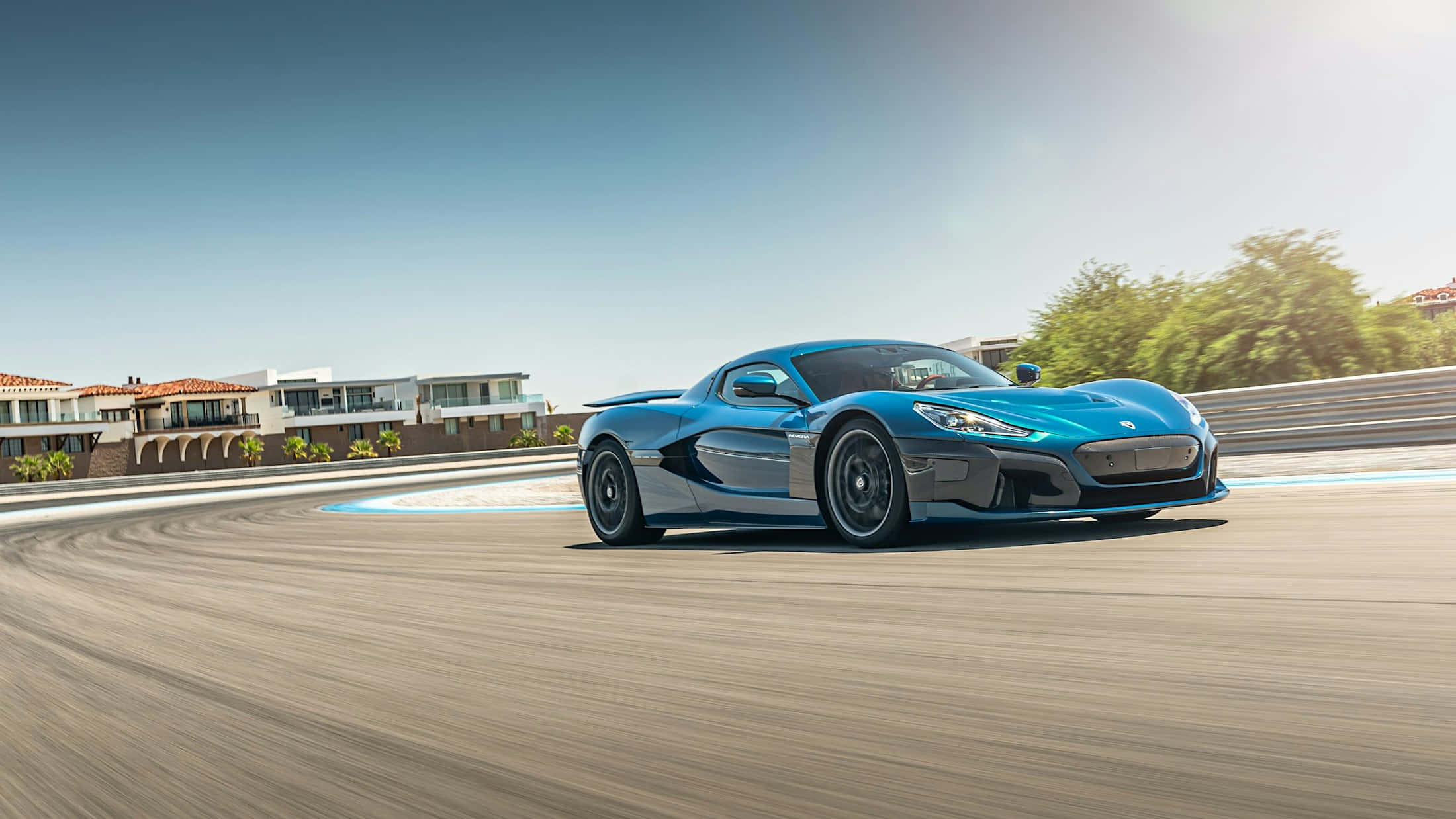 Rimac C Two, sunlit racetrack, sleek blue hypercar, Full HD Desktop Wallpaper