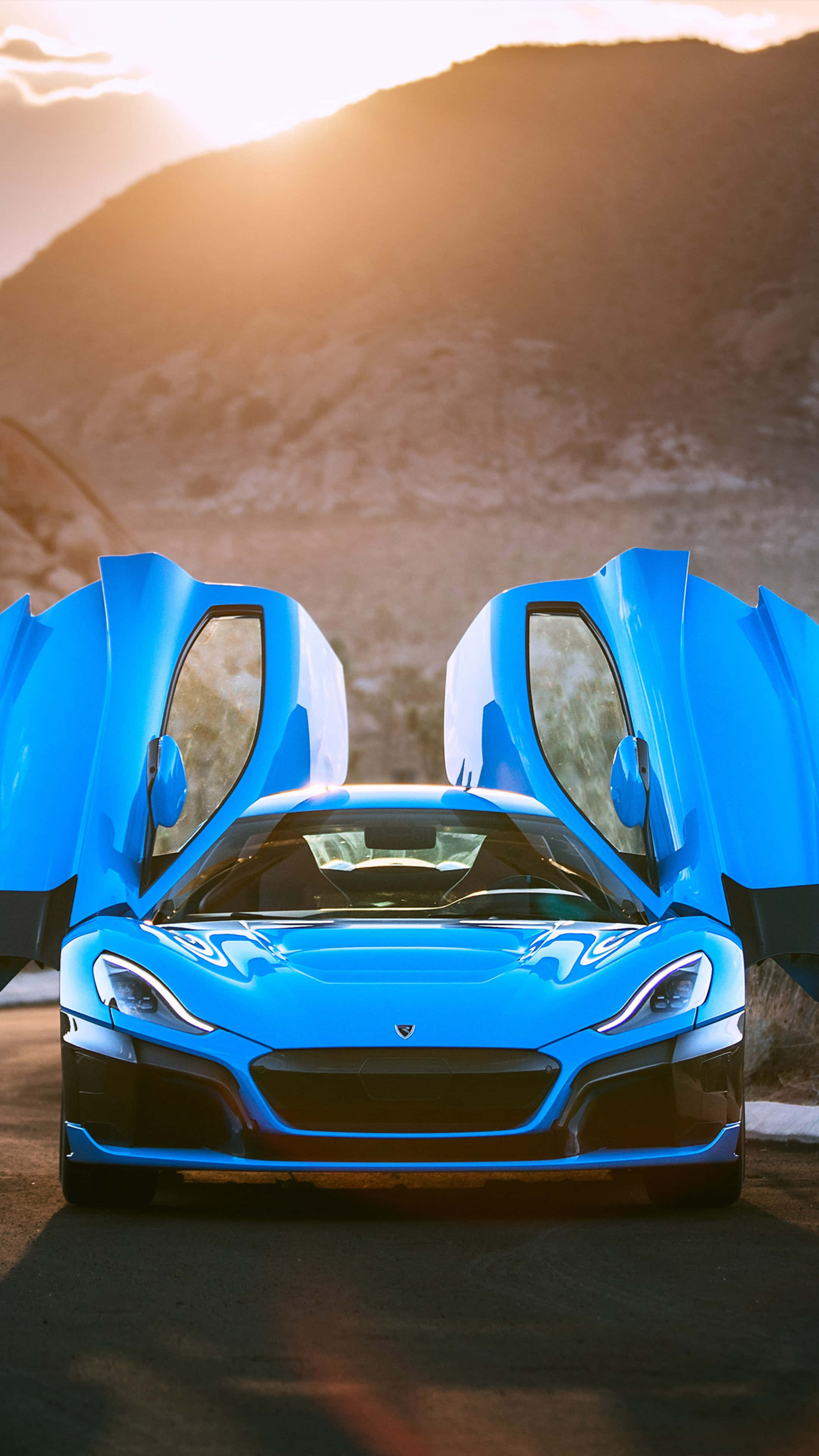 Rimac C_Two, gull-wing doors, desert road, 4K Phone Wallpaper