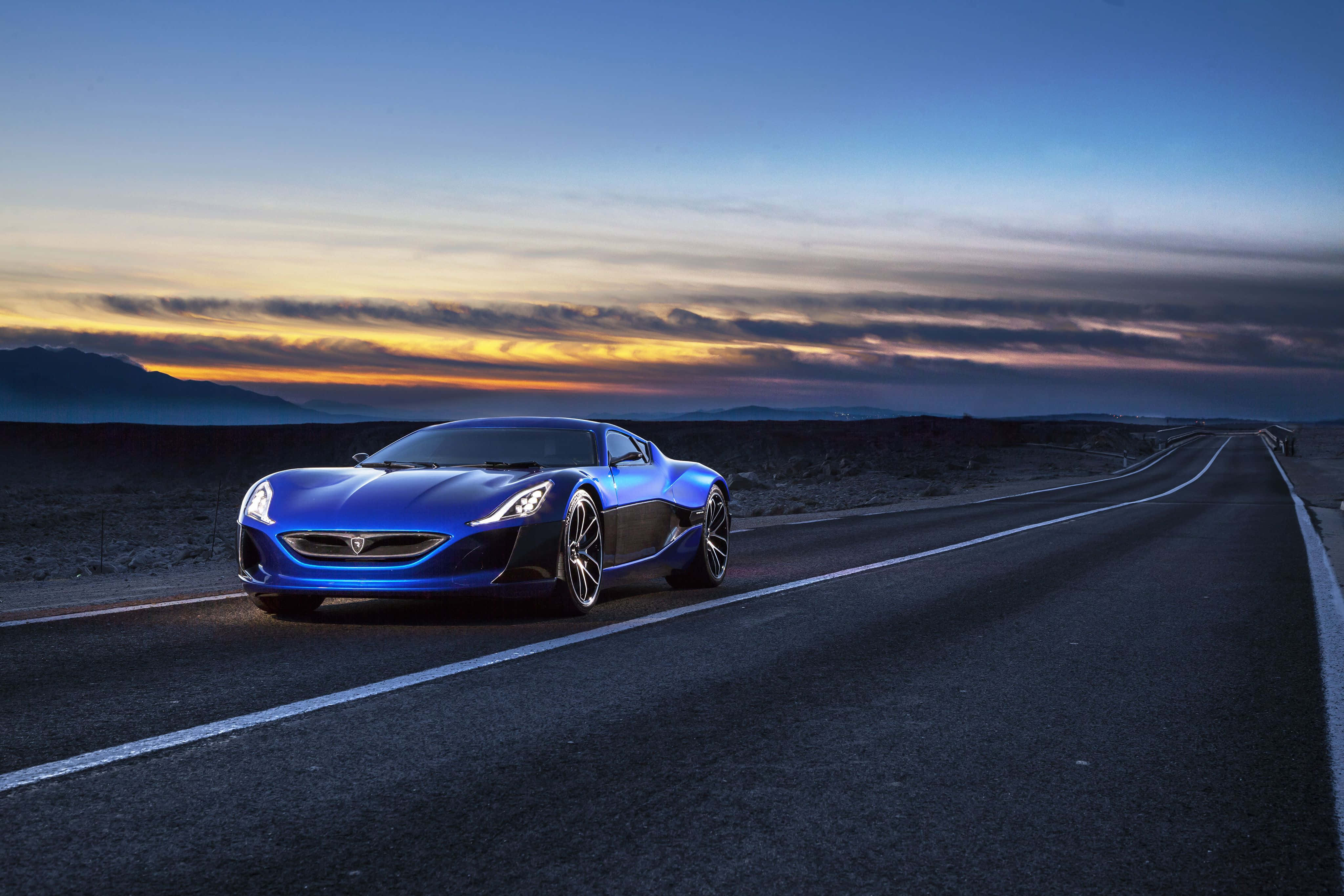 Rimac Concept One, blue, desert road, 4K Desktop Wallpaper