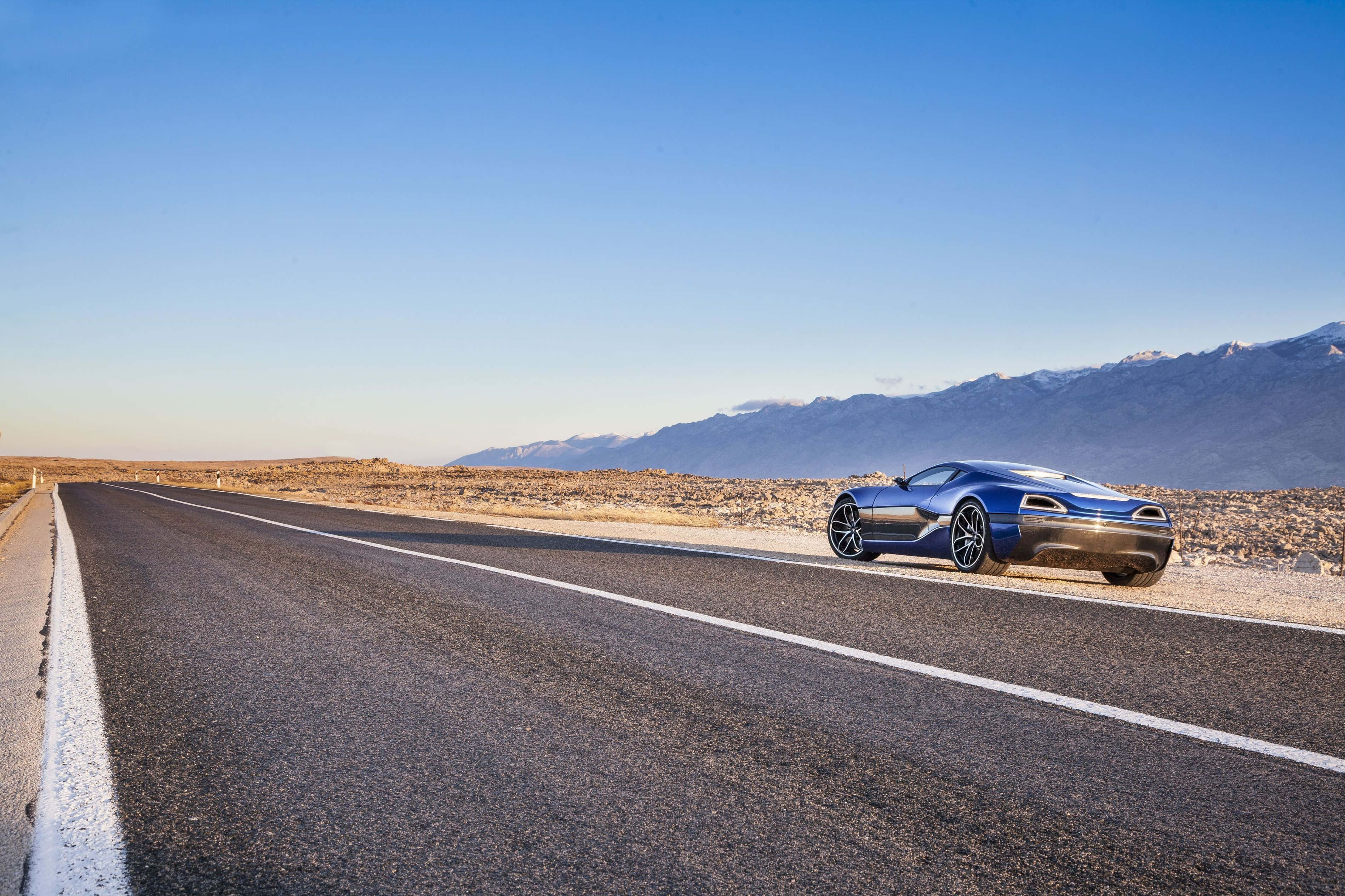 Rimac Concept One, blue sports car, desert highway, 2K Desktop Wallpaper